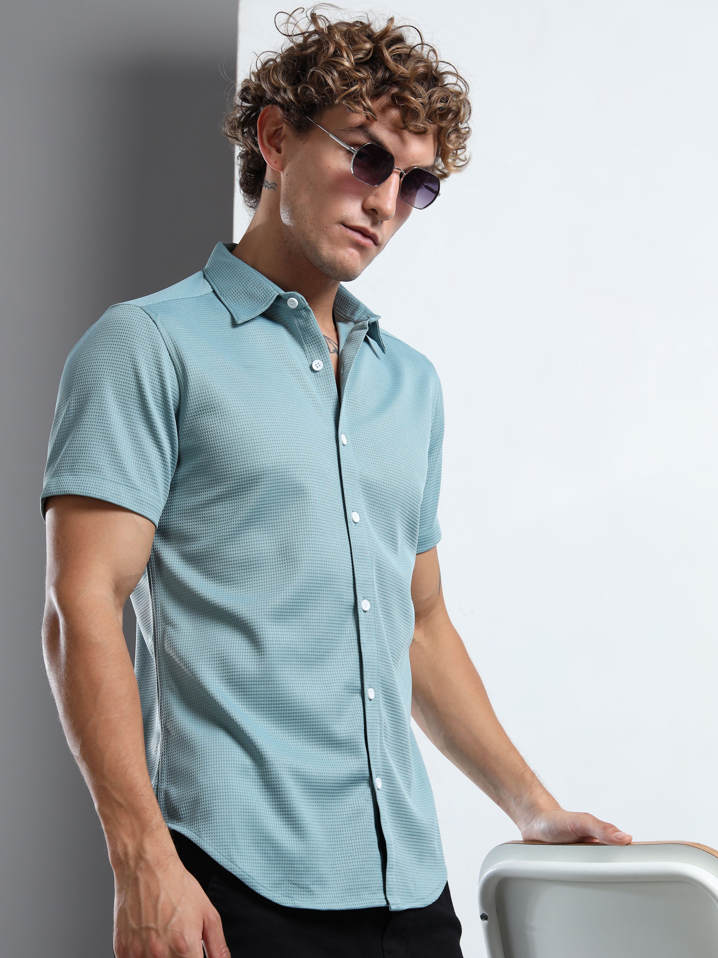 Men's Teal Textured Short Sleeve Casual Shirt