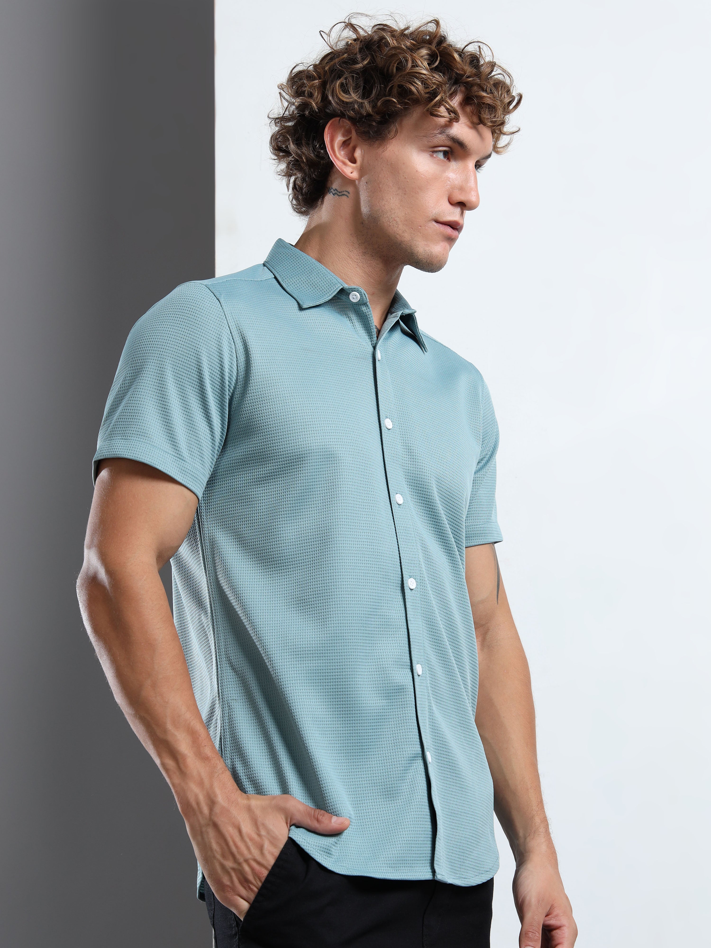 Men's Teal Textured Short Sleeve Casual Shirt