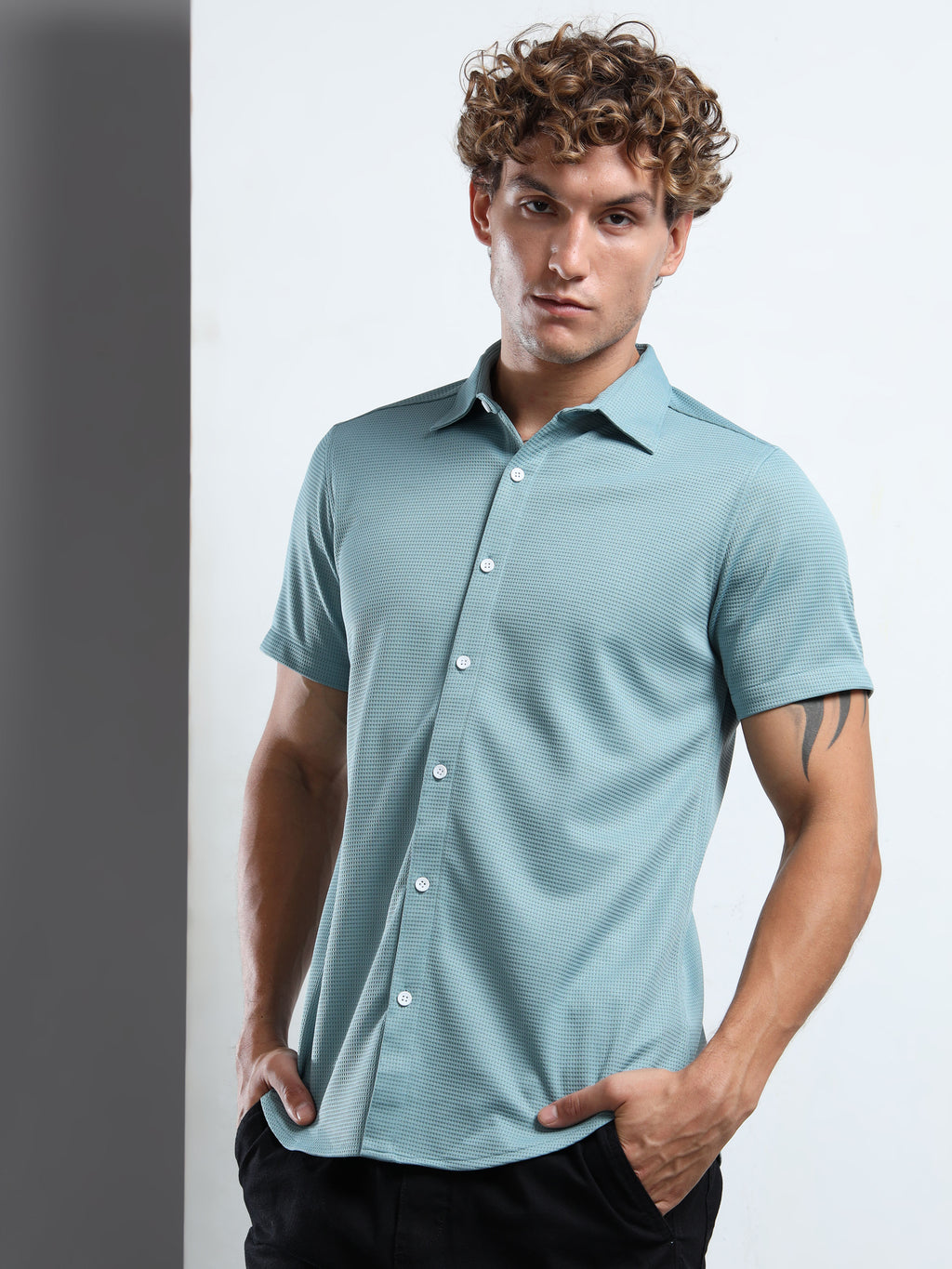 Men's Teal Textured Short Sleeve Casual Shirt