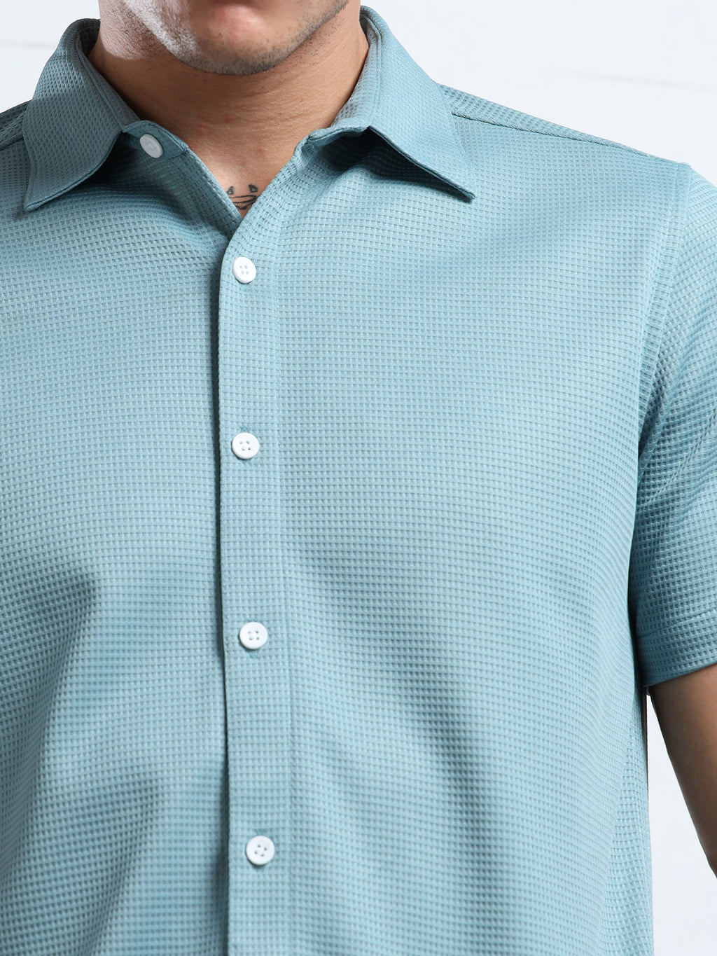 Men's Teal Textured Short Sleeve Casual Shirt