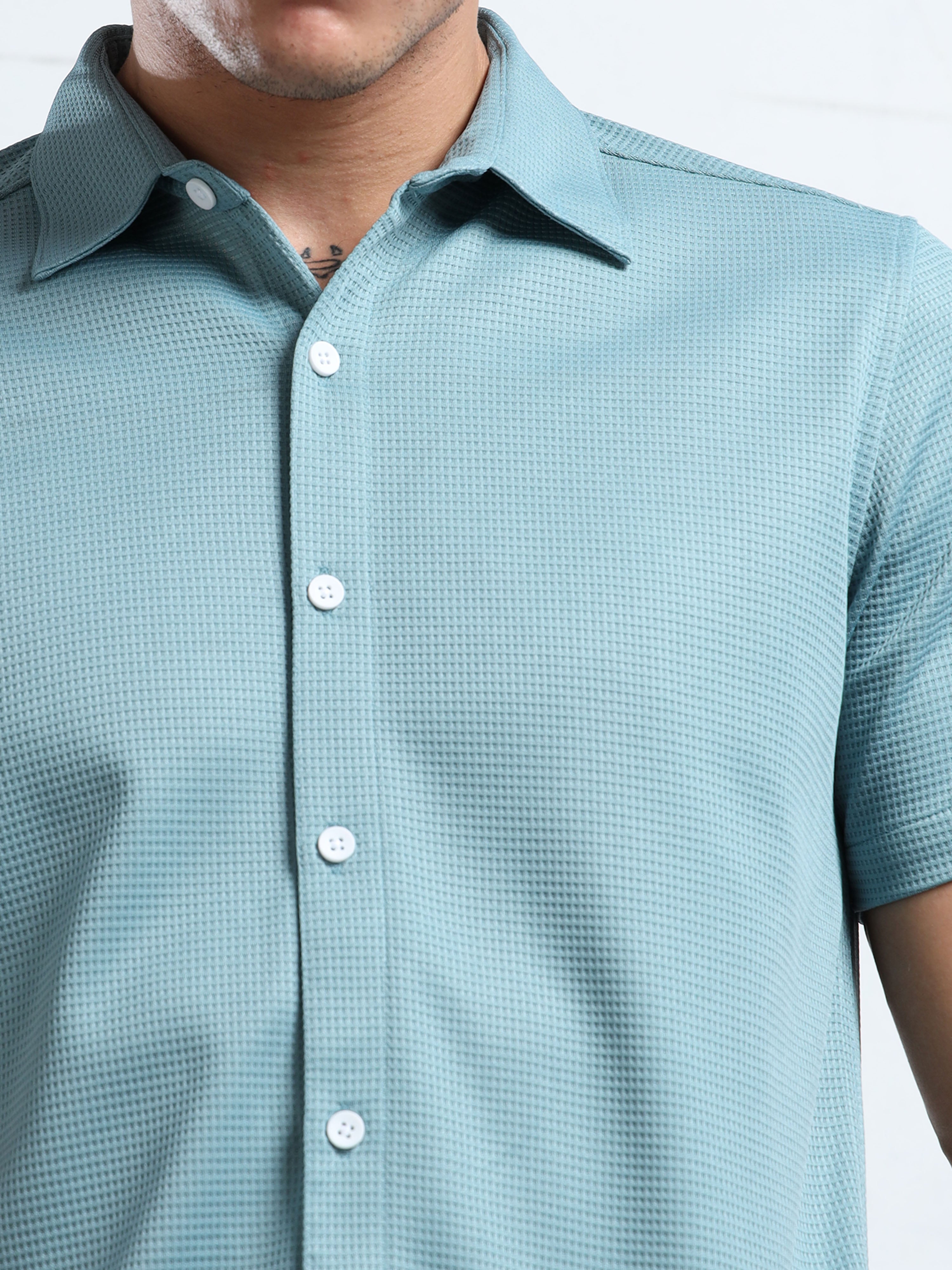 Men's Teal Textured Short Sleeve Casual Shirt