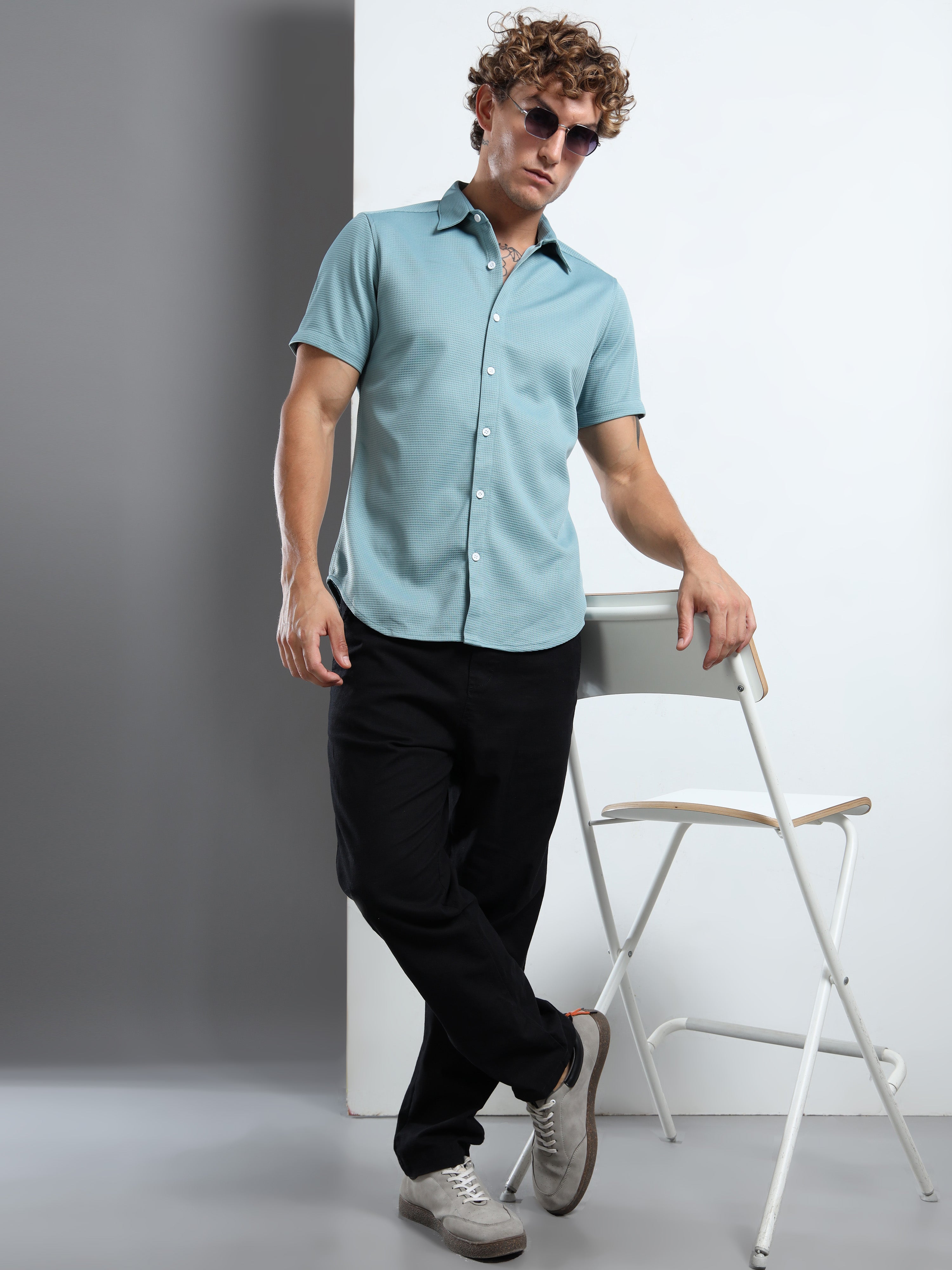 Men's Teal Textured Short Sleeve Casual Shirt