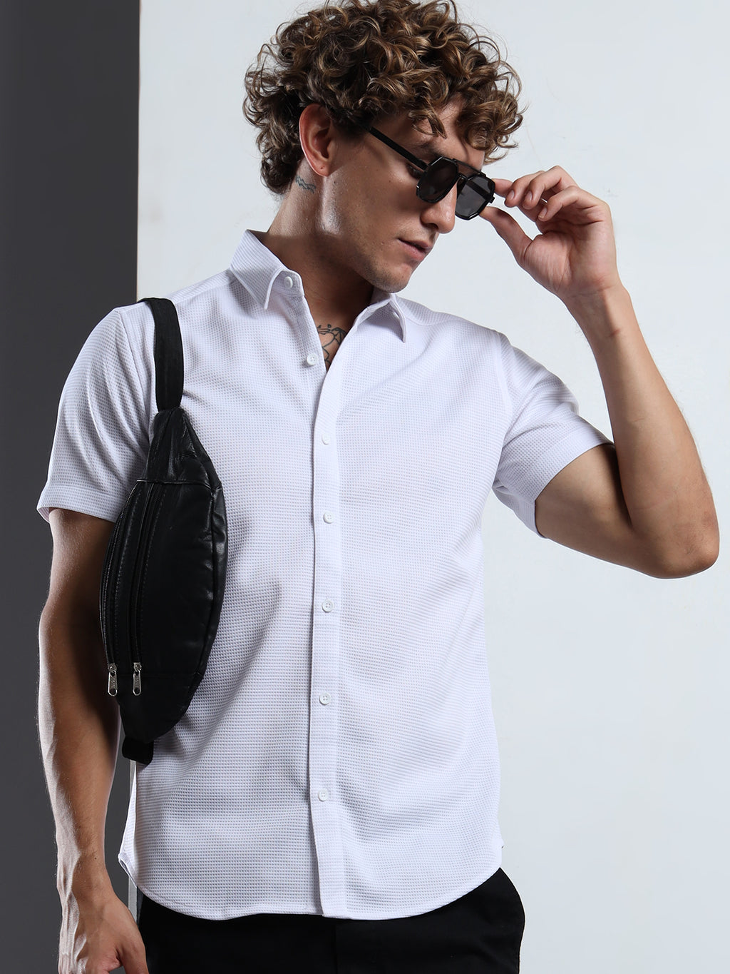 Men's White Textured Short Sleeve Casual Shirt