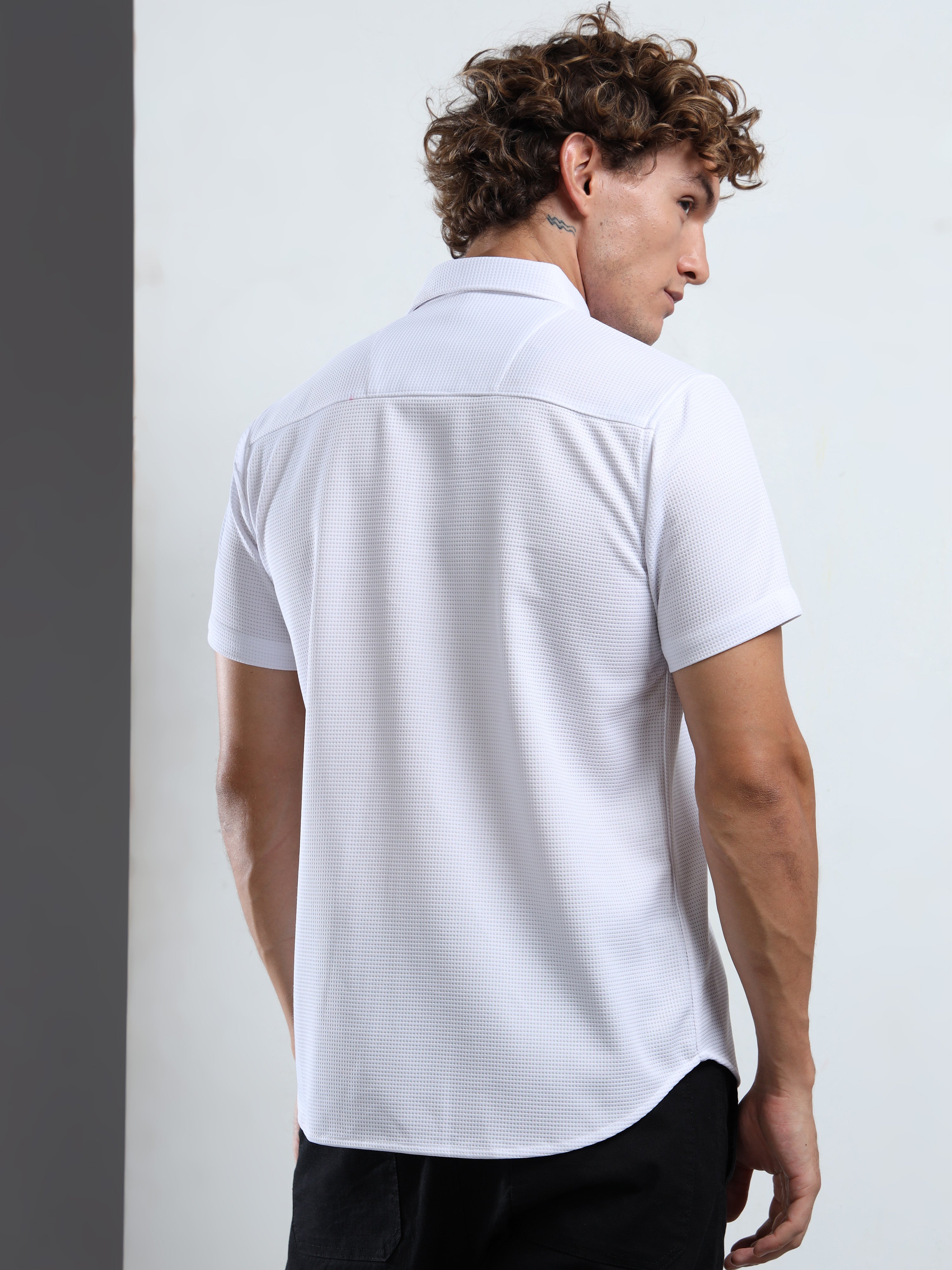 Men's White Textured Short Sleeve Casual Shirt