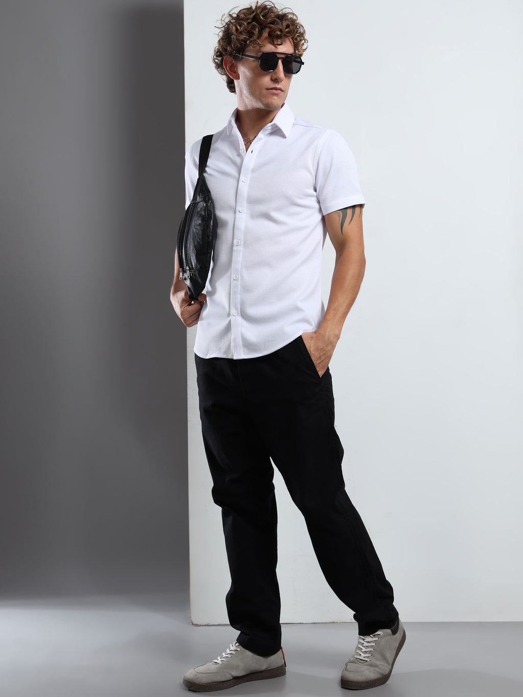 Men's White Textured Short Sleeve Casual Shirt