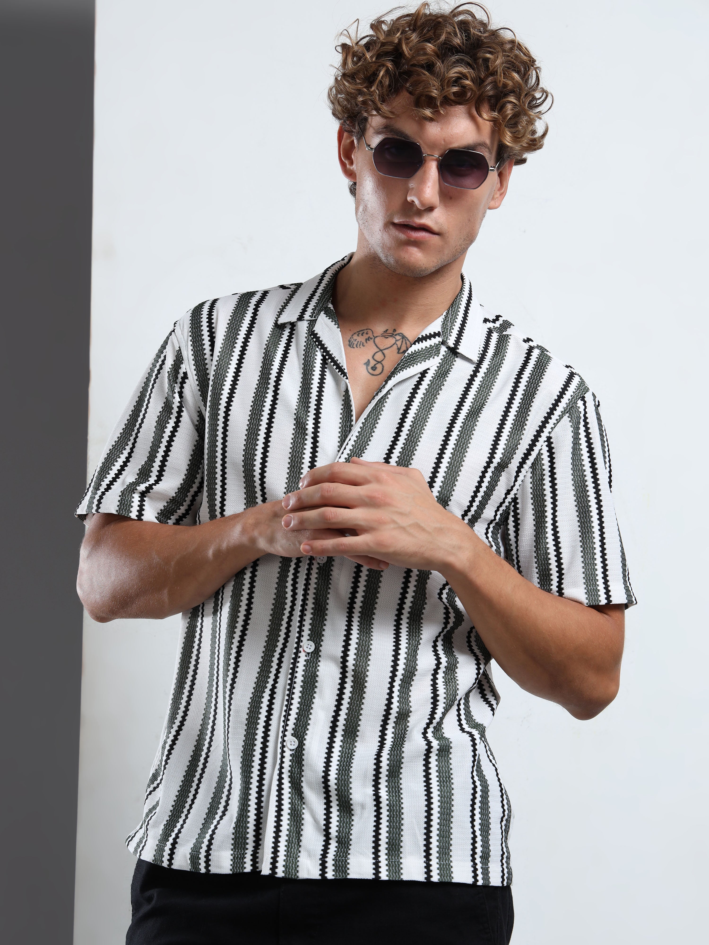 Monochrome Vertical Stripe Camp-Collar Shirt