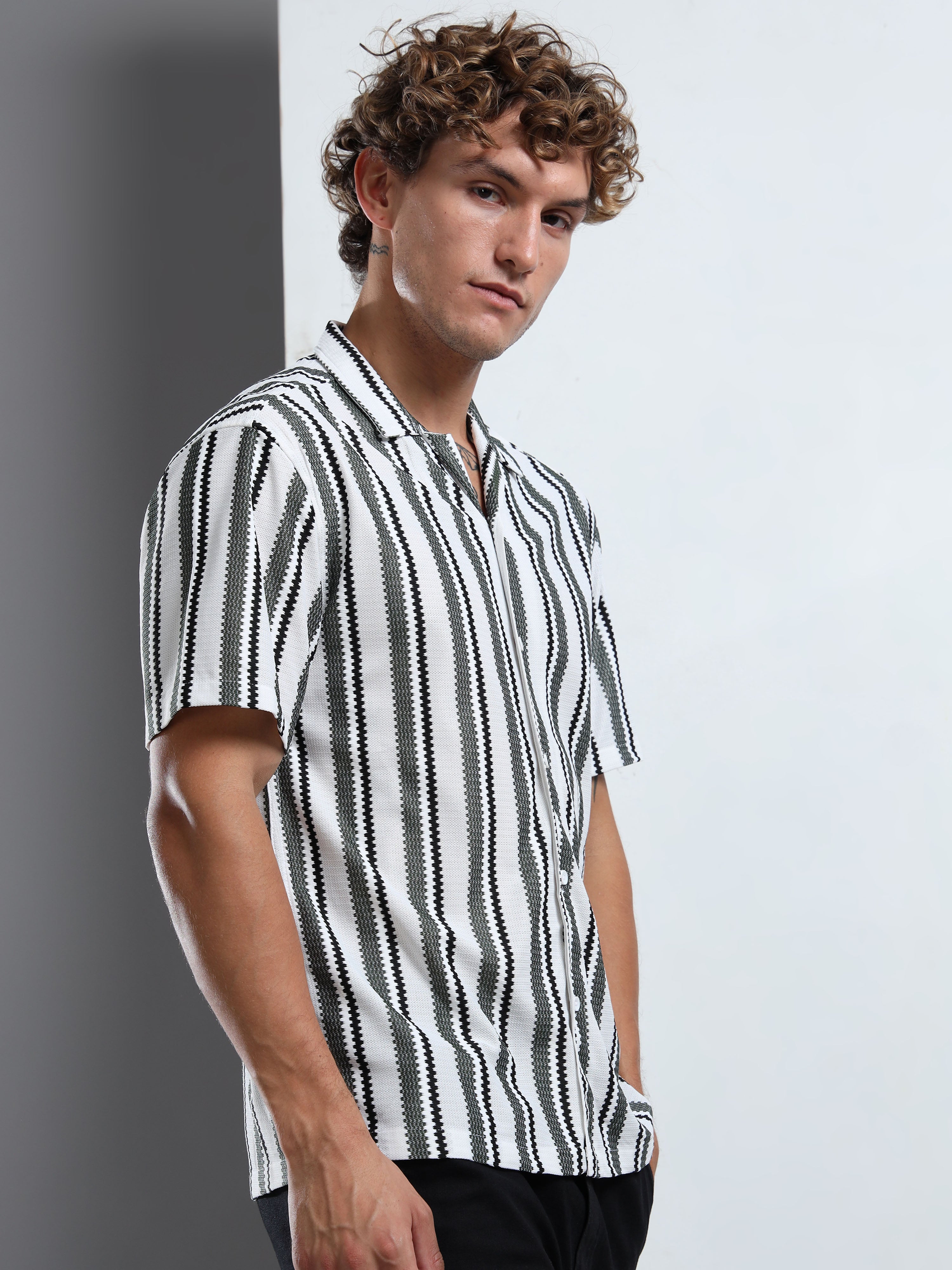 Monochrome Vertical Stripe Camp-Collar Shirt