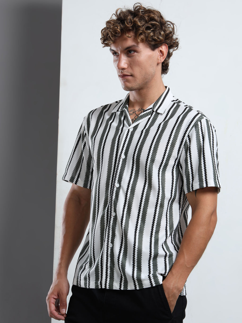 Monochrome Vertical Stripe Camp-Collar Shirt