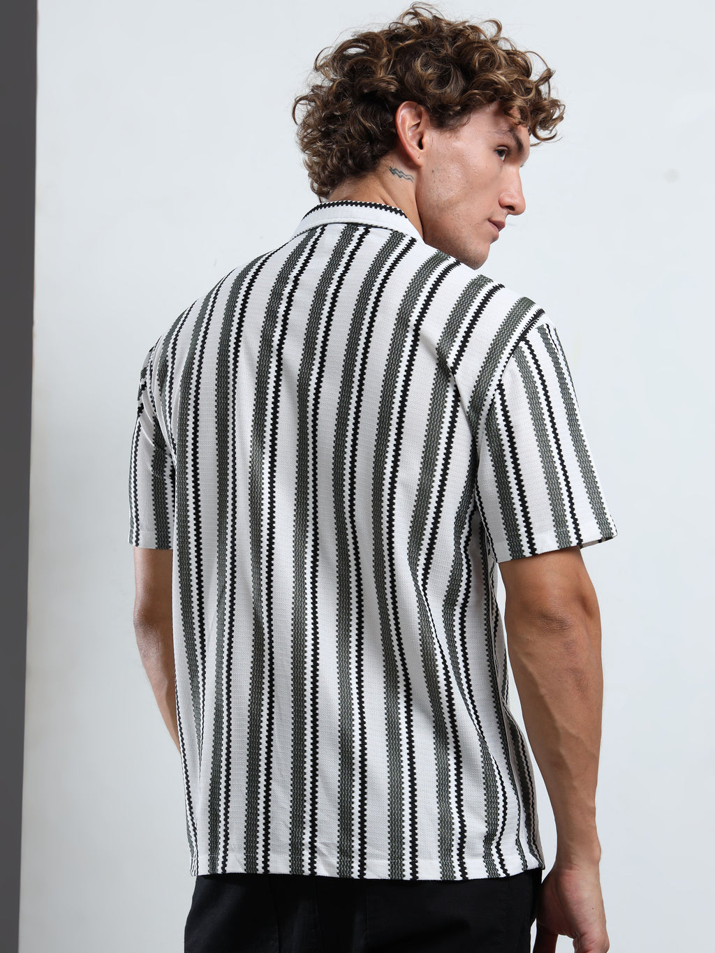 Monochrome Vertical Stripe Camp-Collar Shirt