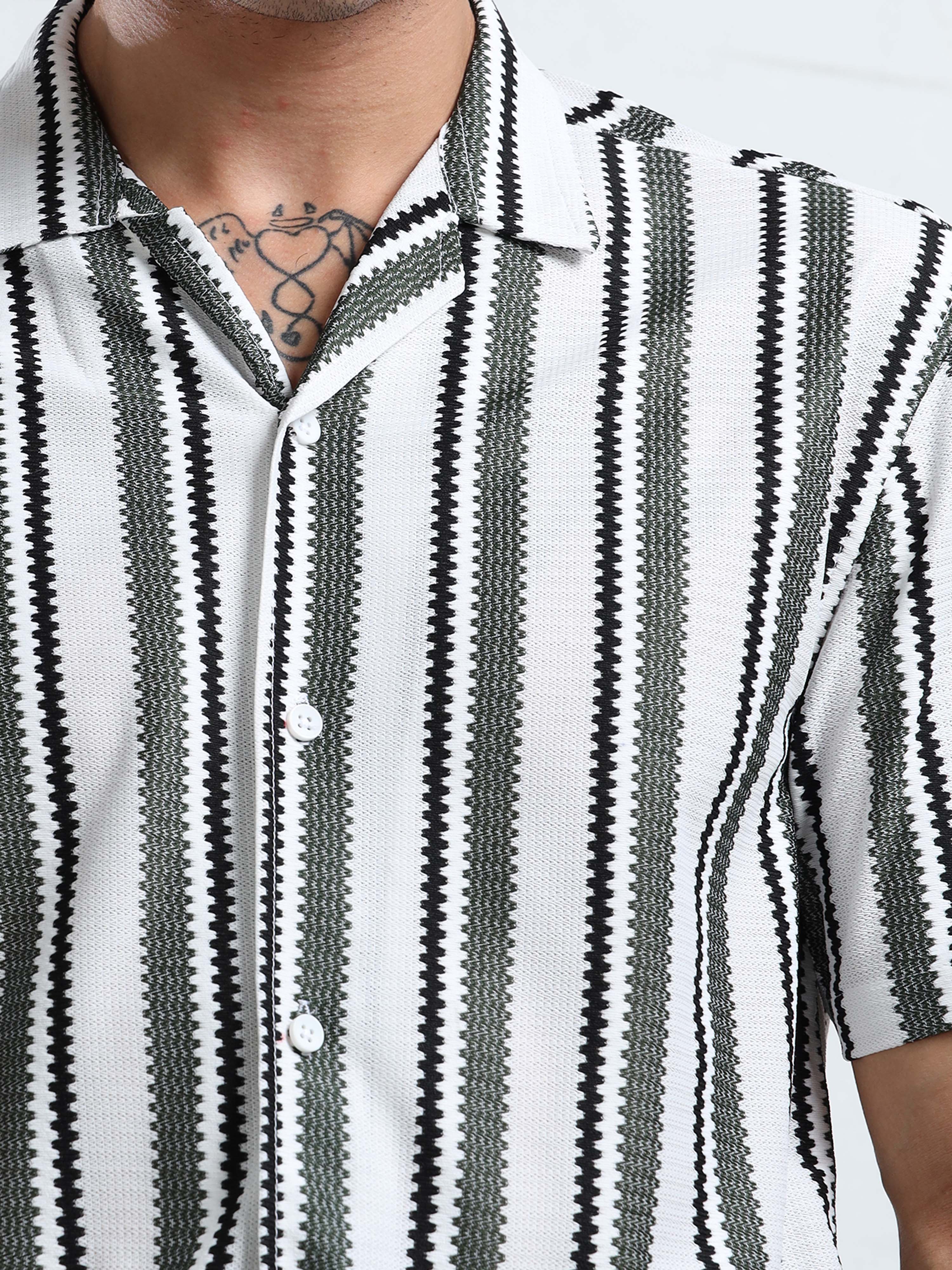 Monochrome Vertical Stripe Camp-Collar Shirt