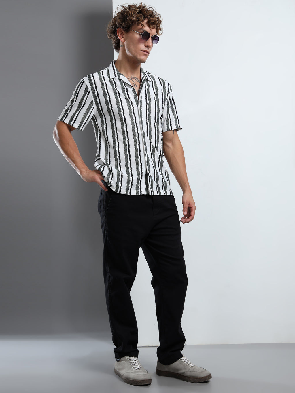 Monochrome Vertical Stripe Camp-Collar Shirt