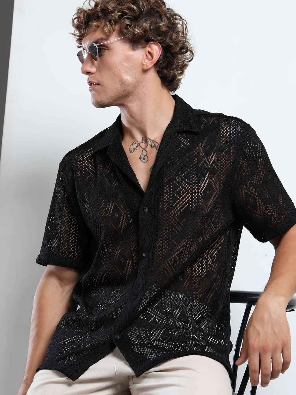 Men Textured Cuban Collar Casual Black Shirt