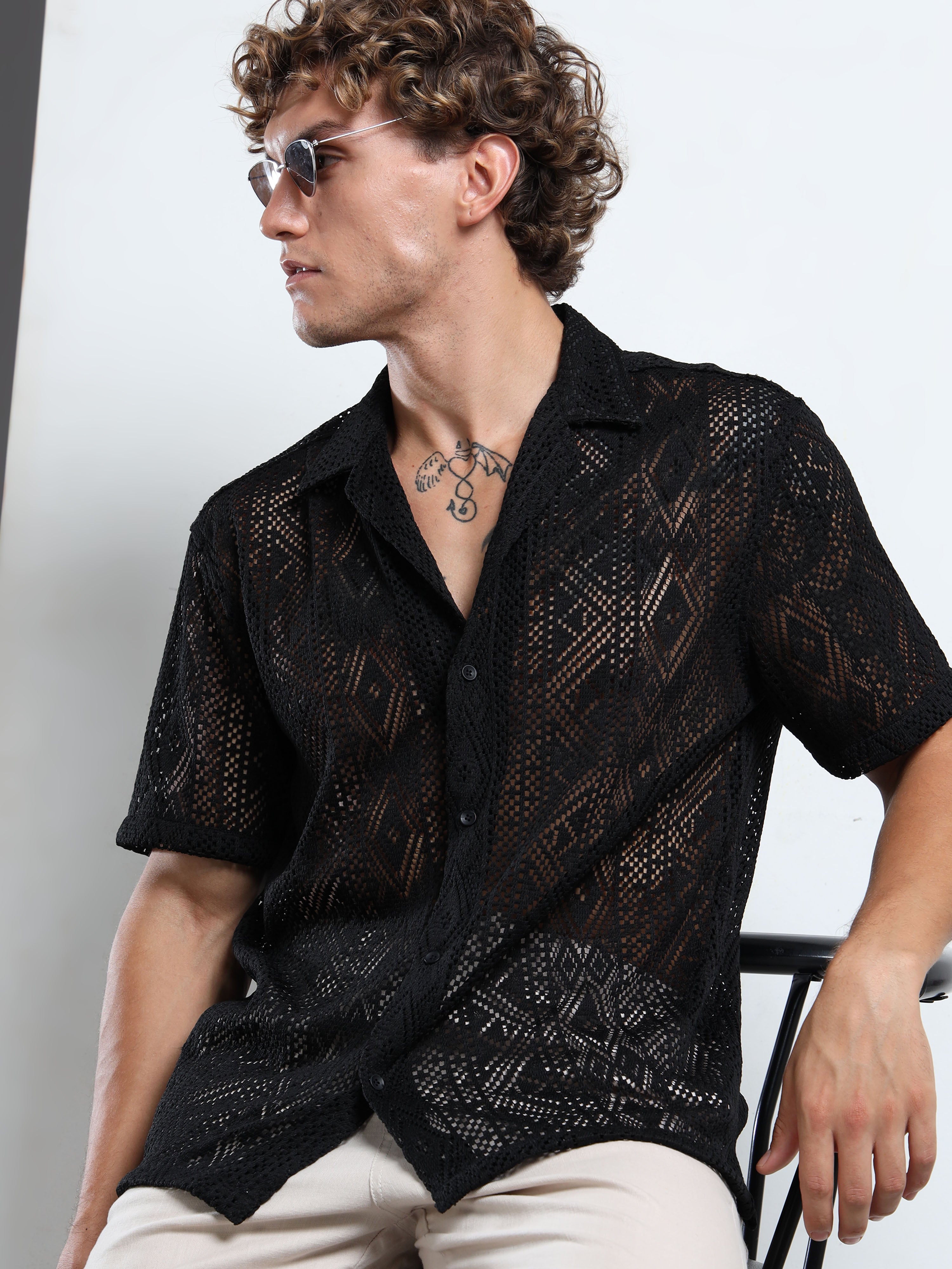 Men Textured Cuban Collar Casual Black Shirt