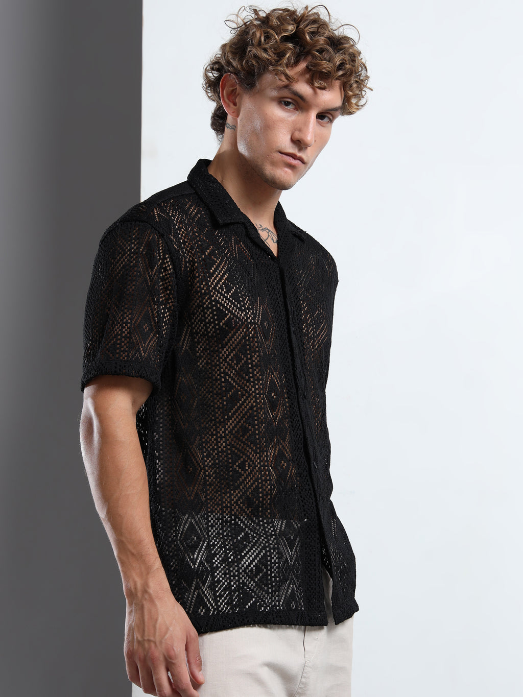 Men Textured Cuban Collar Casual Black Shirt