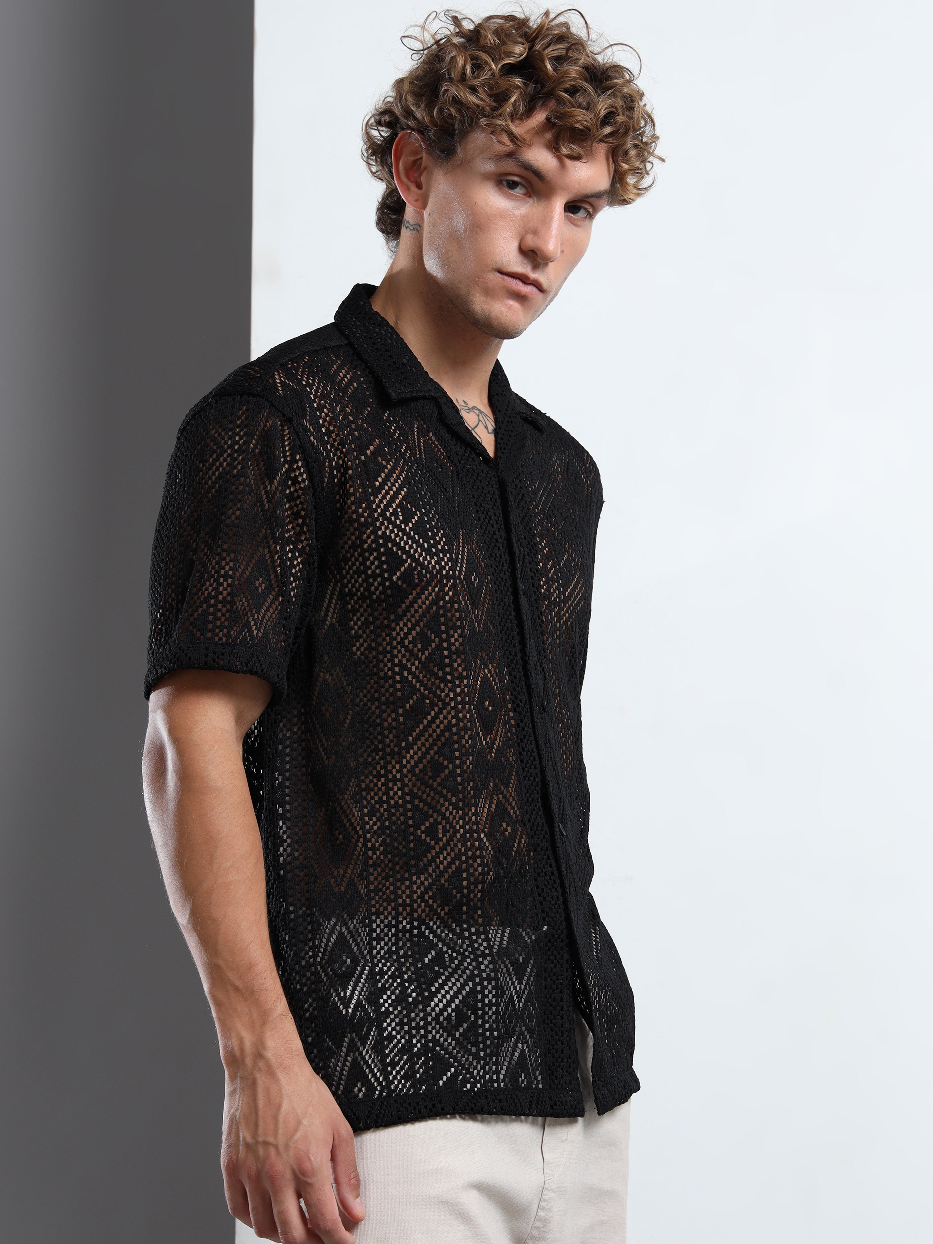 Men Textured Cuban Collar Casual Black Shirt