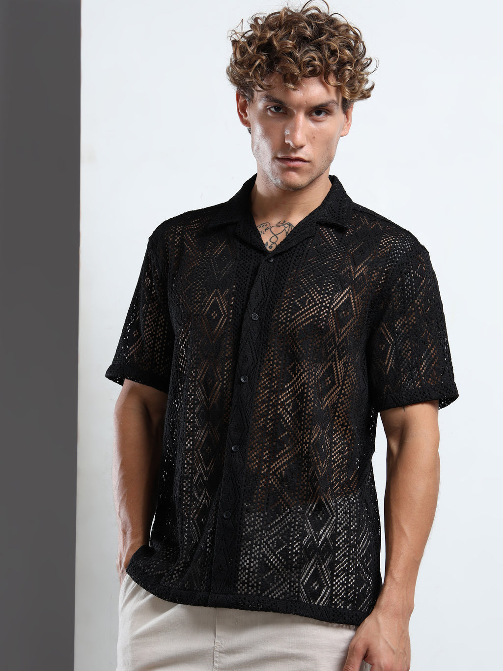 Men Textured Cuban Collar Casual Black Shirt
