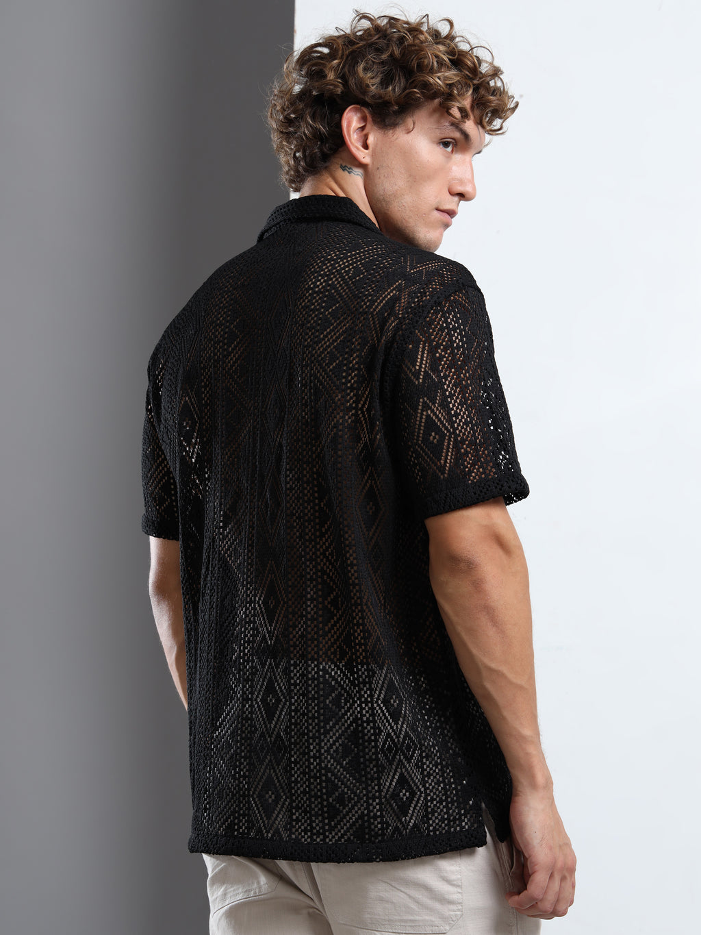 Men Textured Cuban Collar Casual Black Shirt