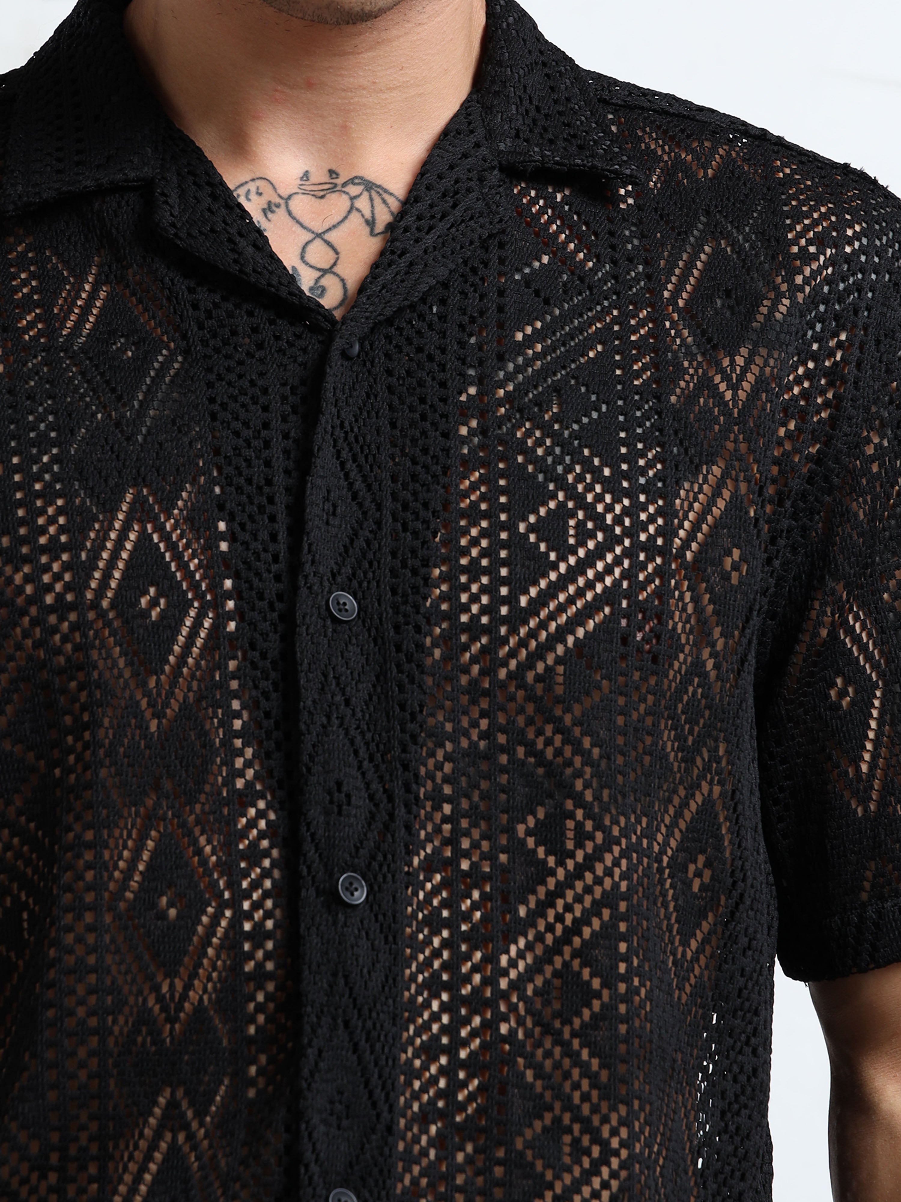 Men Textured Cuban Collar Casual Black Shirt