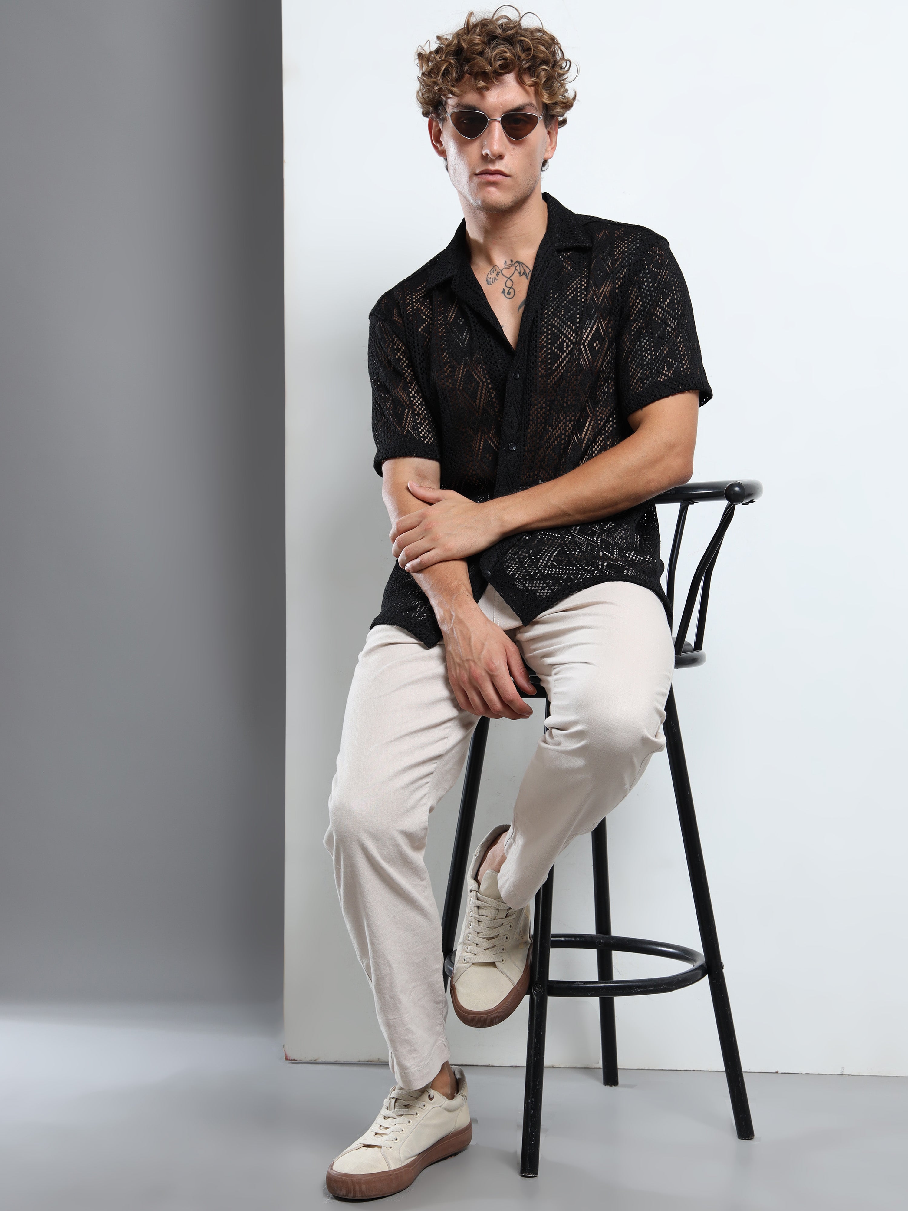 Men Textured Cuban Collar Casual Black Shirt