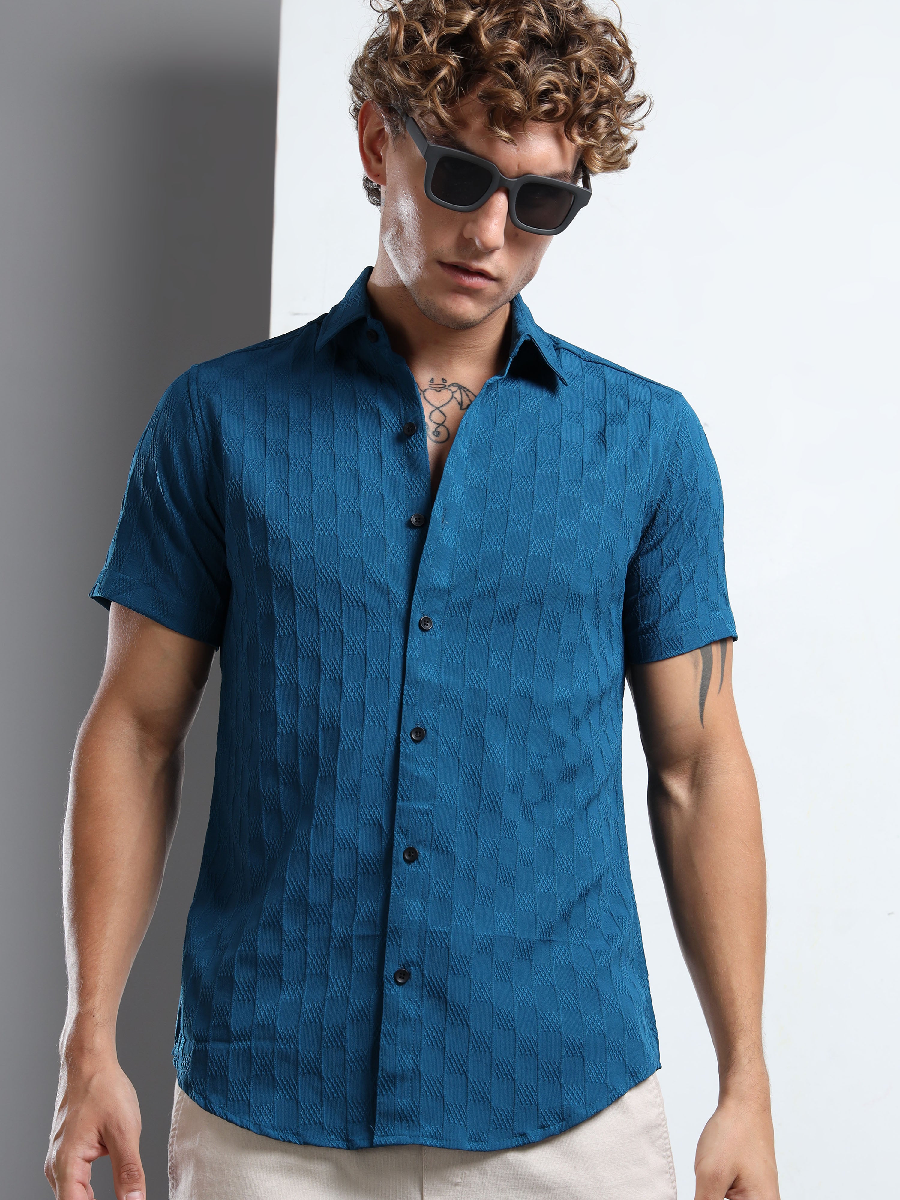 Men's Teal Patterned Textured Short Sleeve Casual Shirt