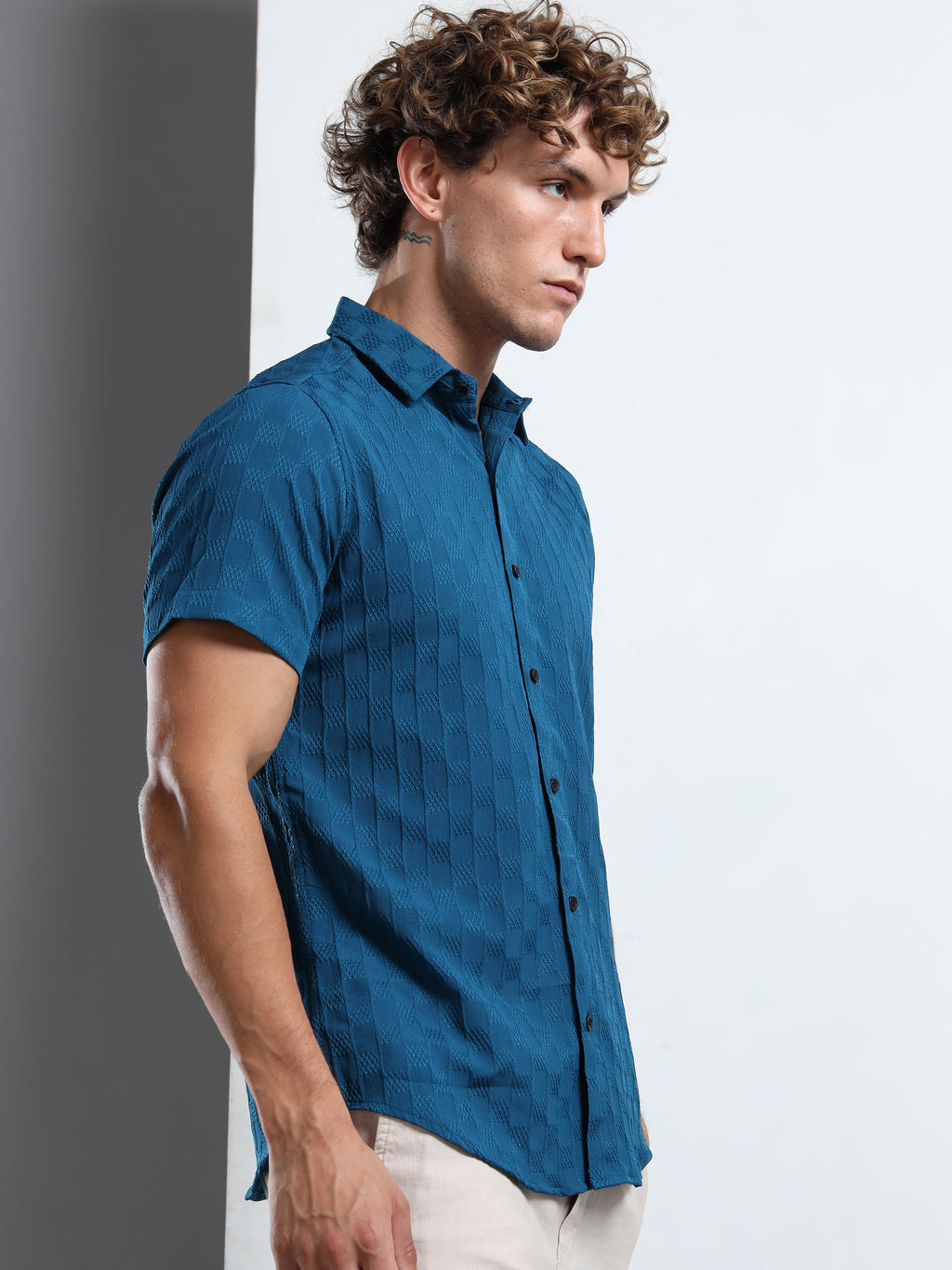 Men's Teal Patterned Textured Short Sleeve Casual Shirt