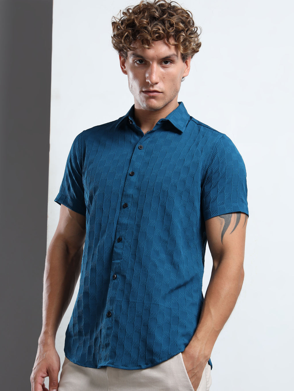 Men's Teal Patterned Textured Short Sleeve Casual Shirt