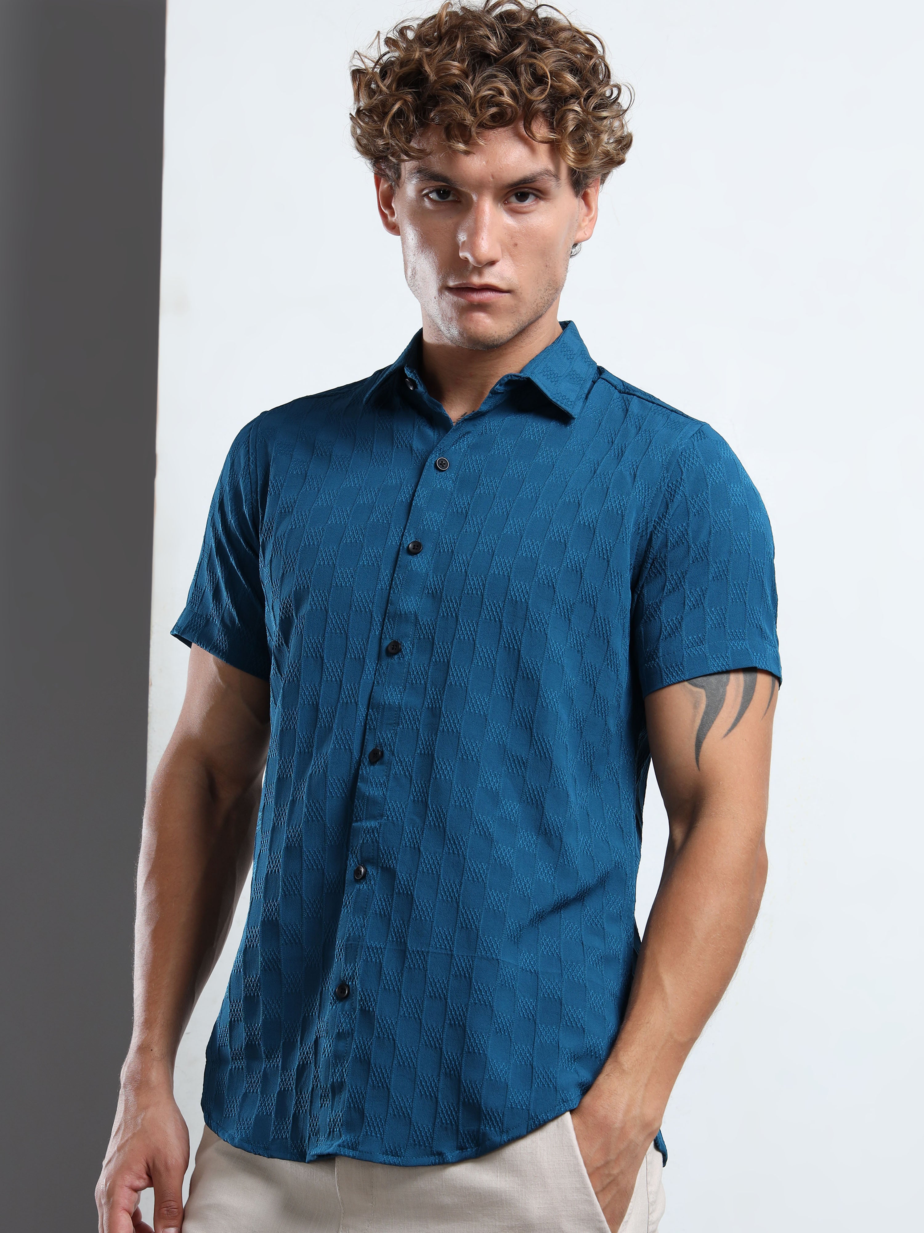 Men's Teal Patterned Textured Short Sleeve Casual Shirt