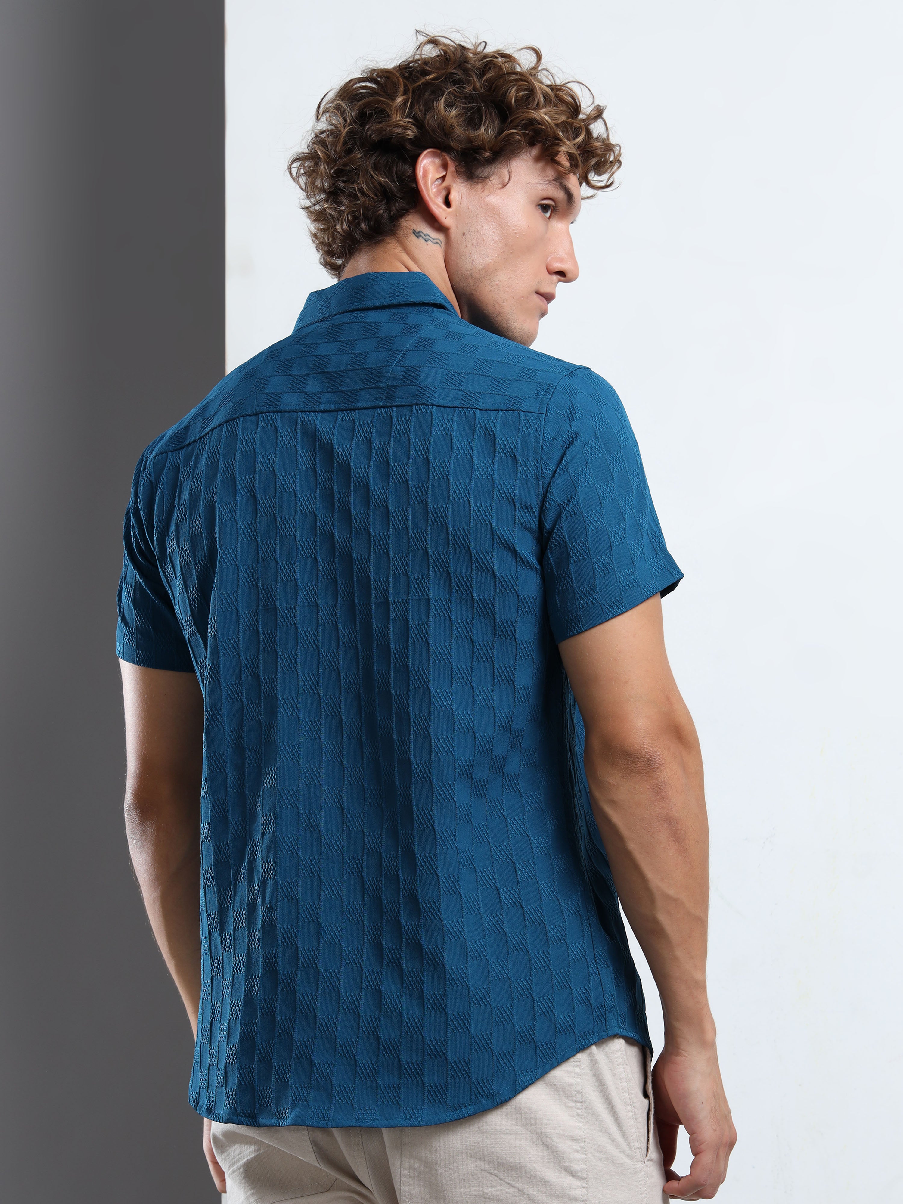 Men's Teal Patterned Textured Short Sleeve Casual Shirt