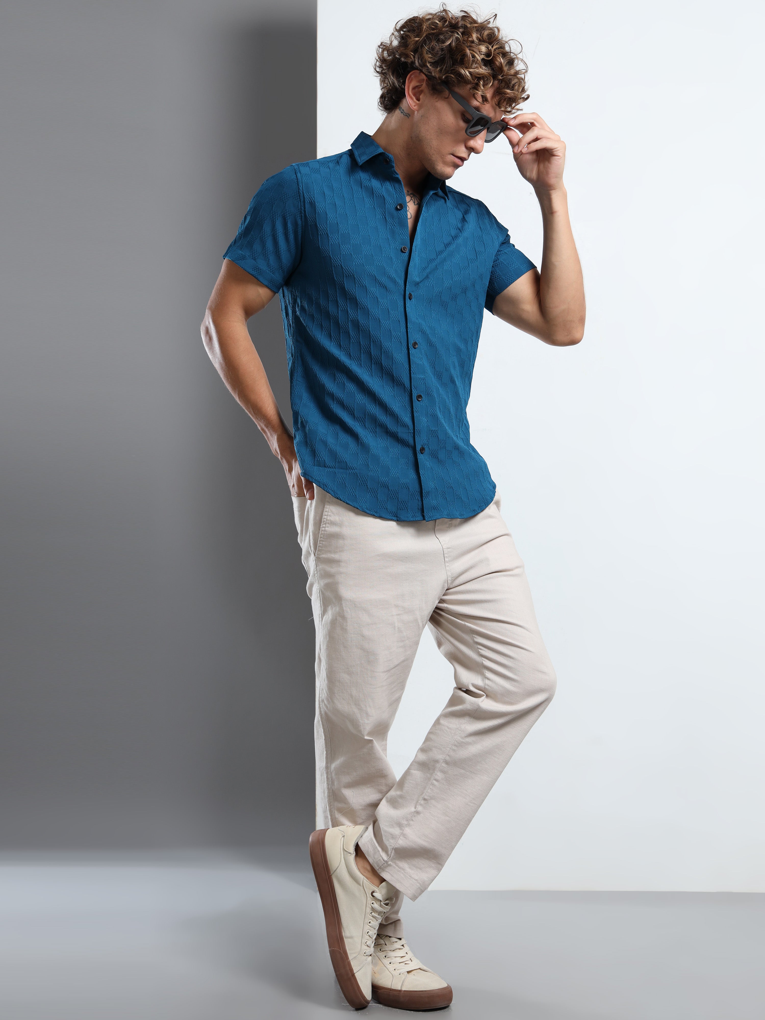 Men's Teal Patterned Textured Short Sleeve Casual Shirt