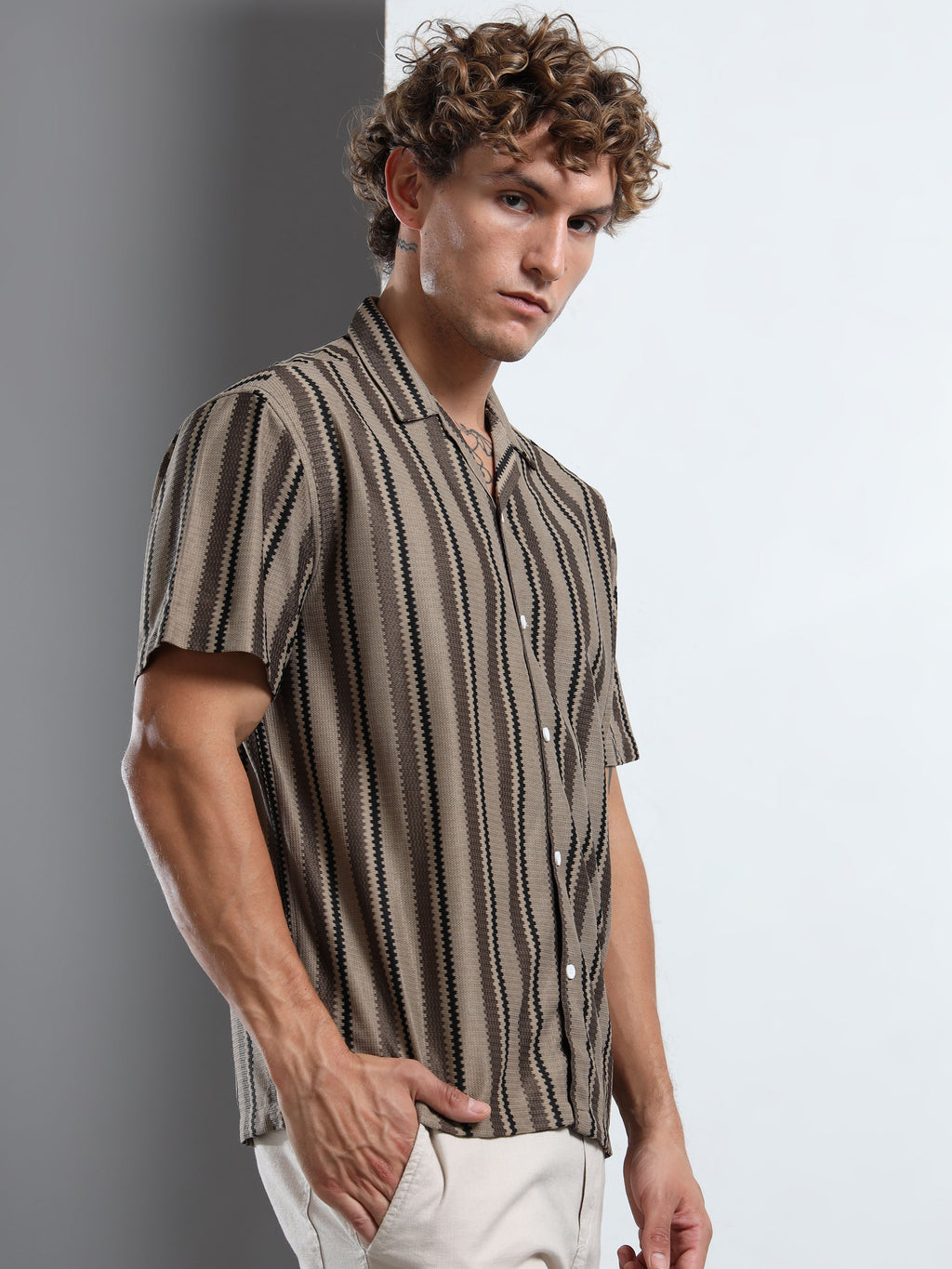 Men's  Brown Striped Knit Shirt
