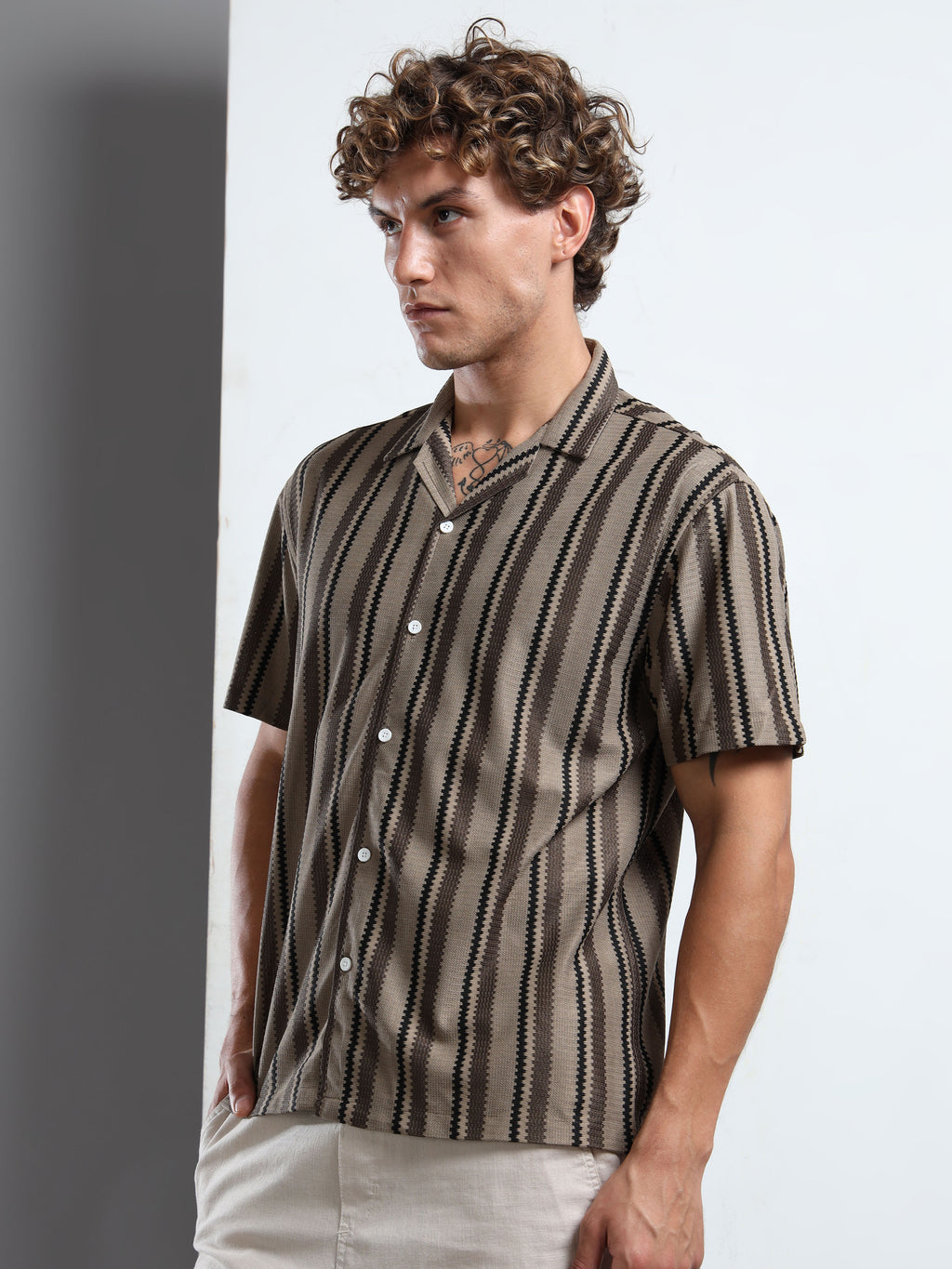 Men's  Brown Striped Knit Shirt