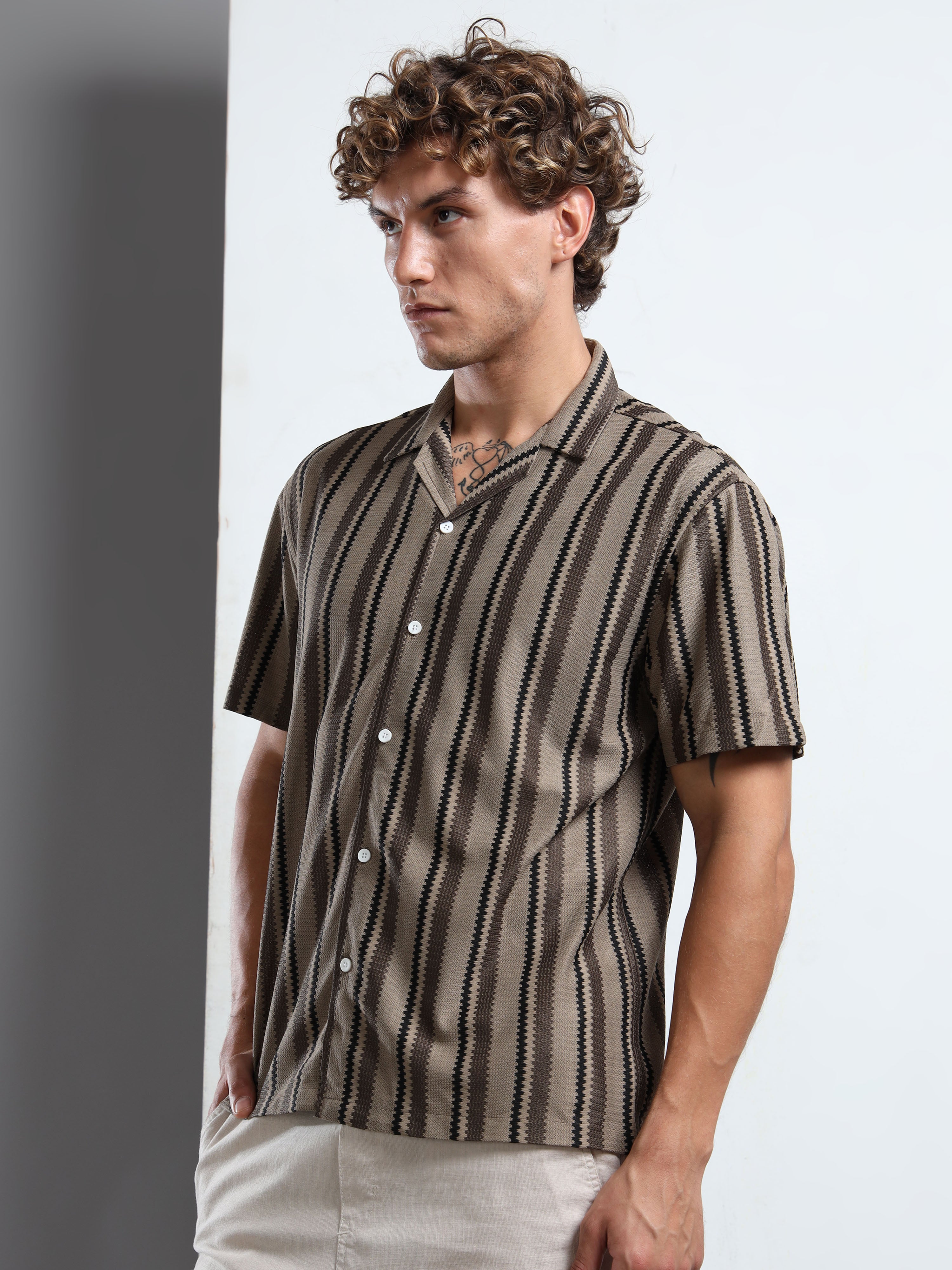 Men's  Brown Striped Knit Shirt