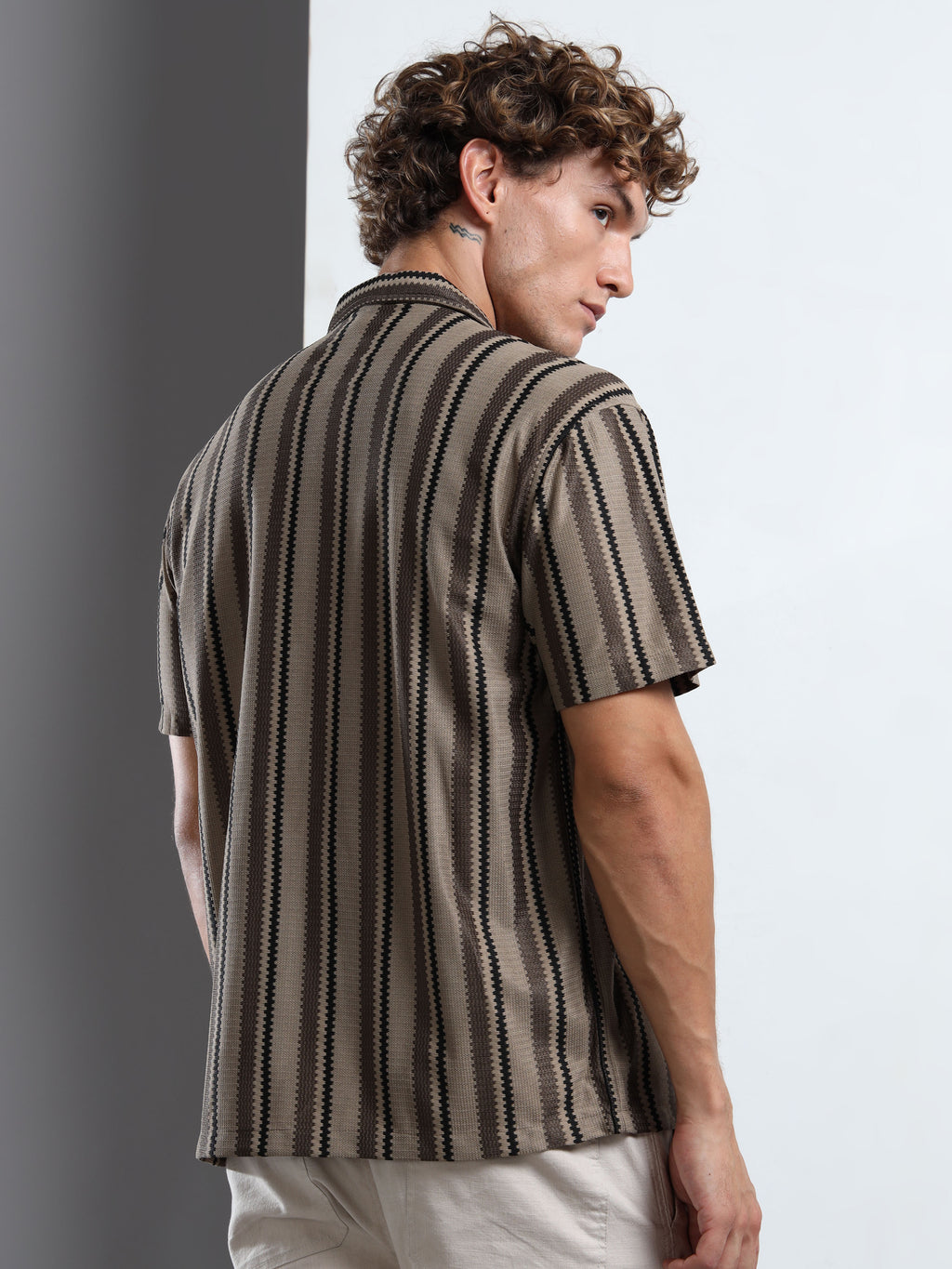Men's  Brown Striped Knit Shirt