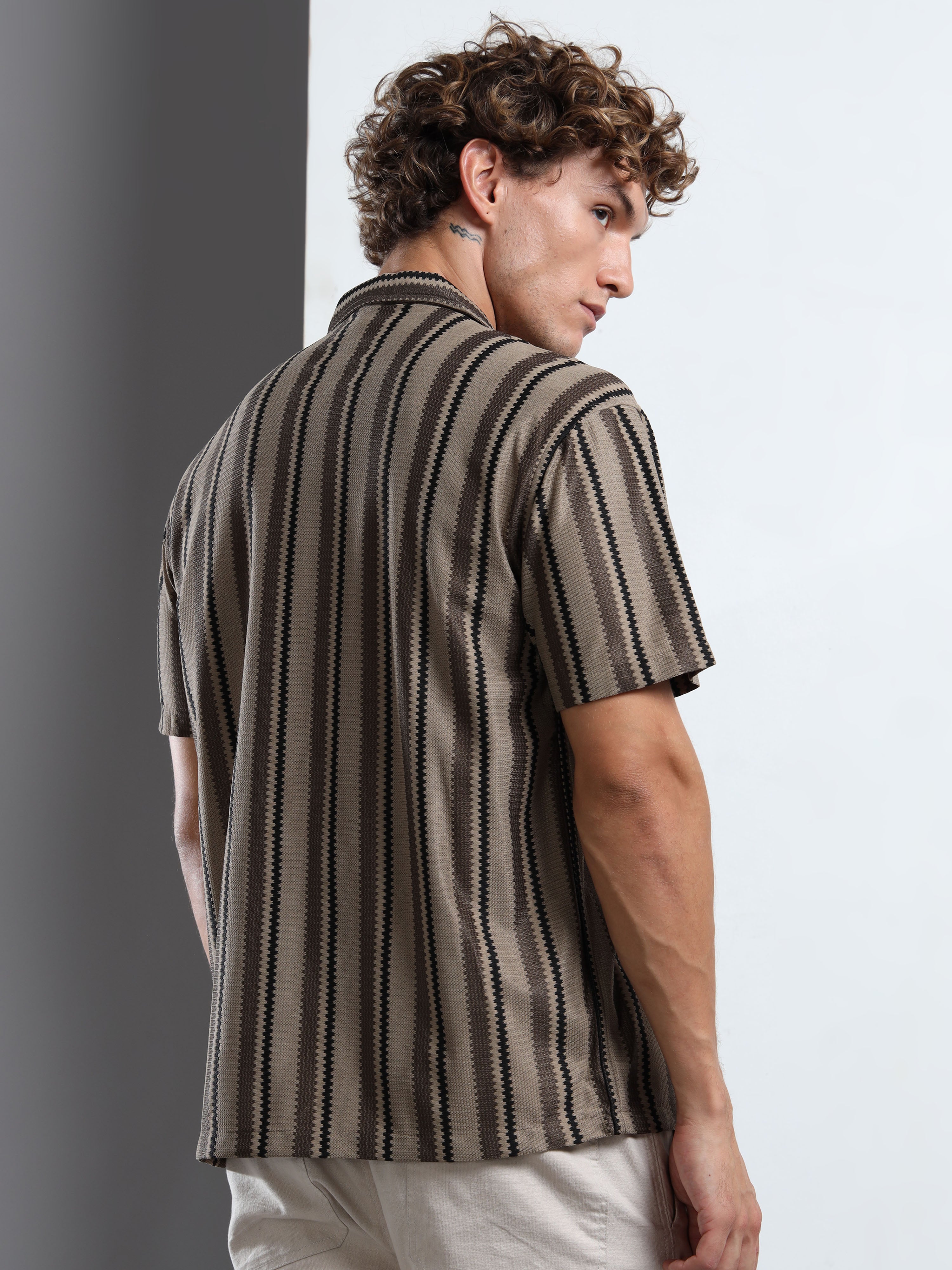 Men's  Brown Striped Knit Shirt