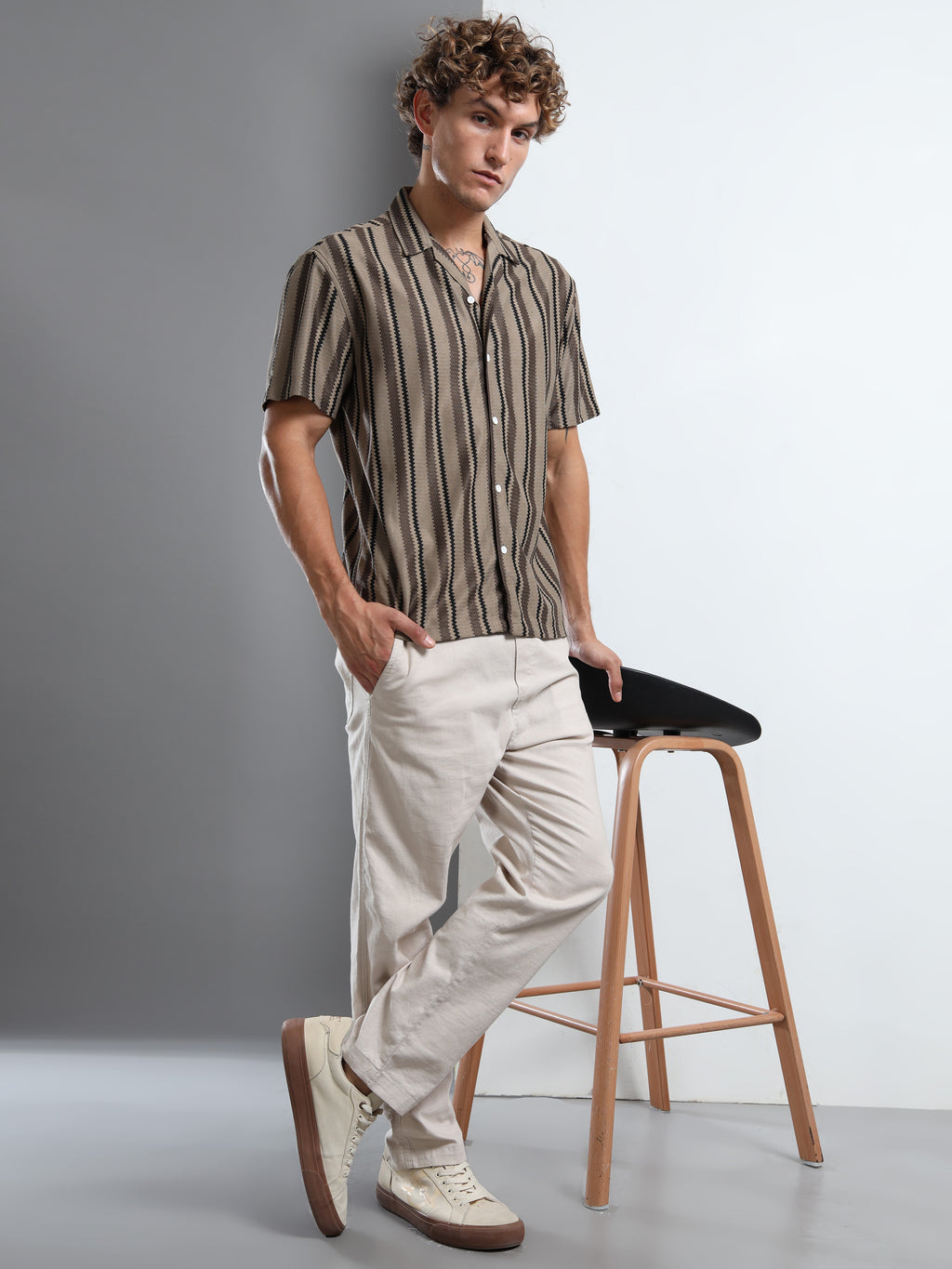 Men's  Brown Striped Knit Shirt