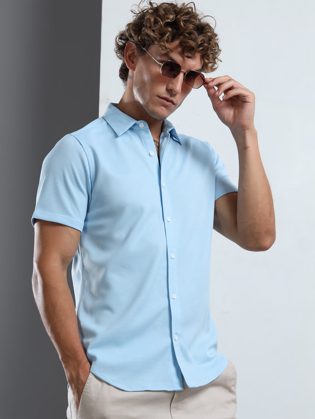 Men's Sky Blue Textured Short Sleeve Casual Shirt