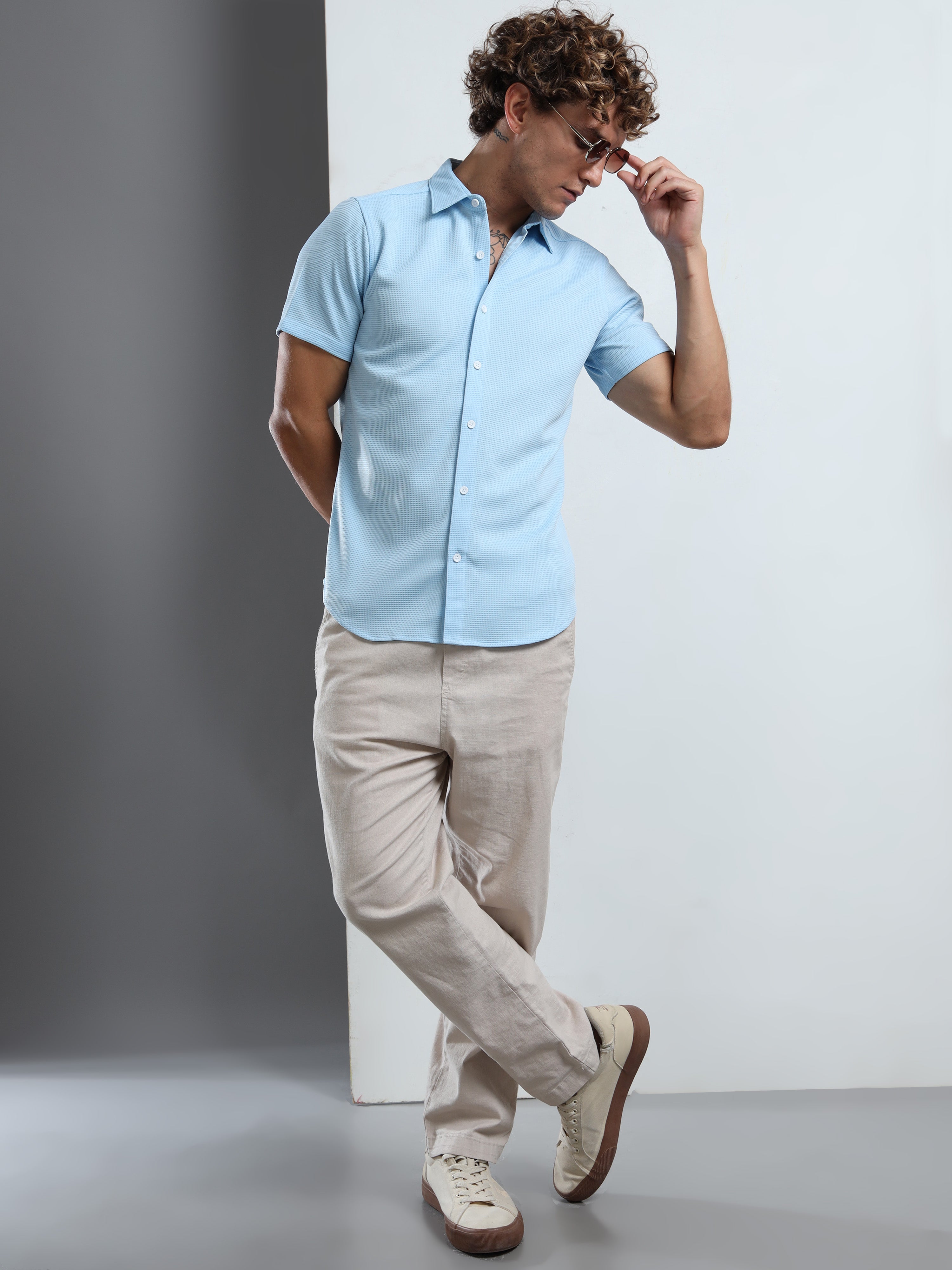 Men's Sky Blue Textured Short Sleeve Casual Shirt