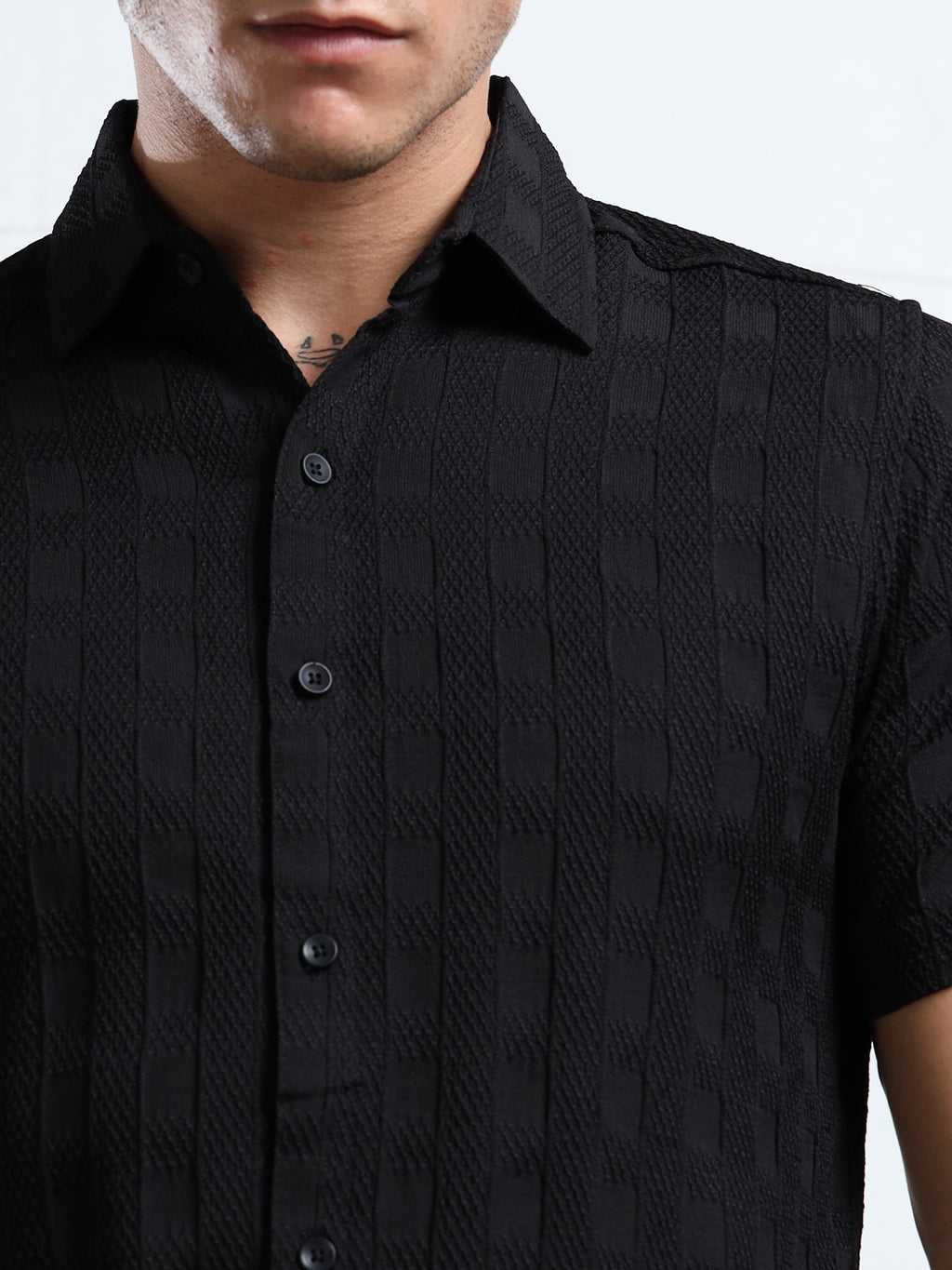 Men's Black Patterned Textured Short Sleeve Casual Shirt