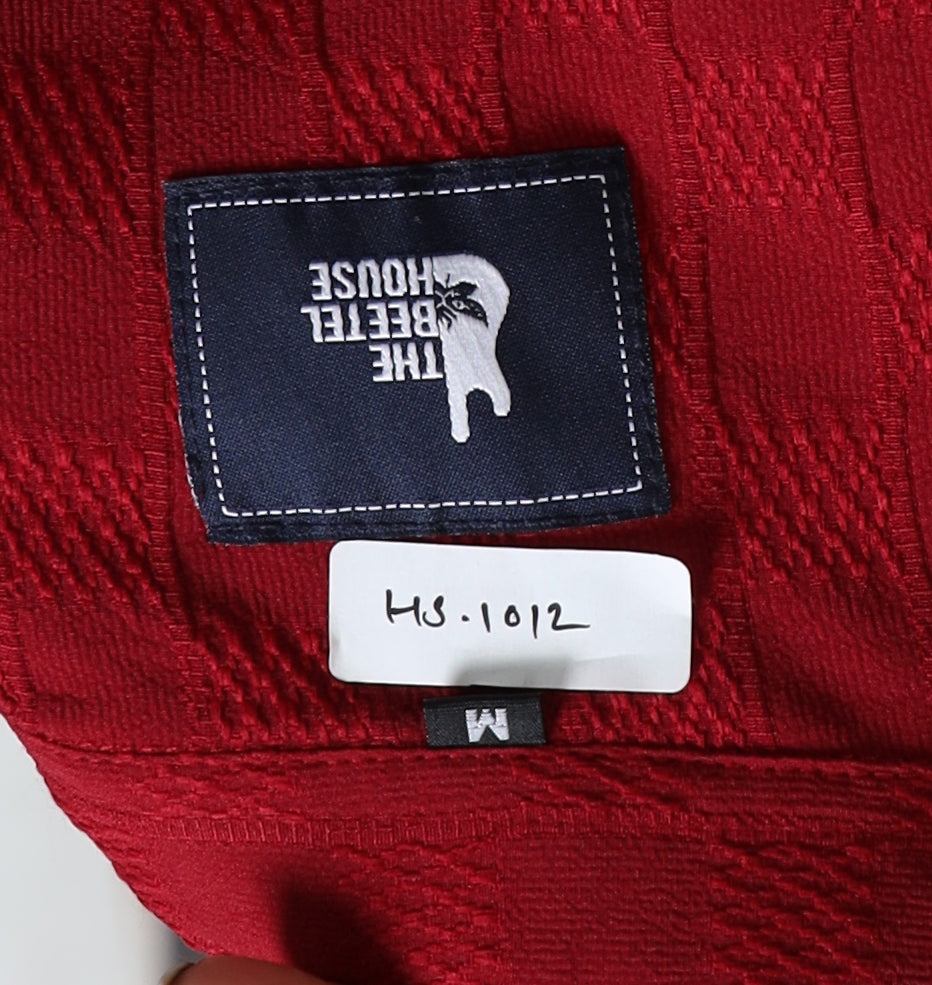 Men's Burgundy Patterned Textured Short Sleeve Casual Shirt