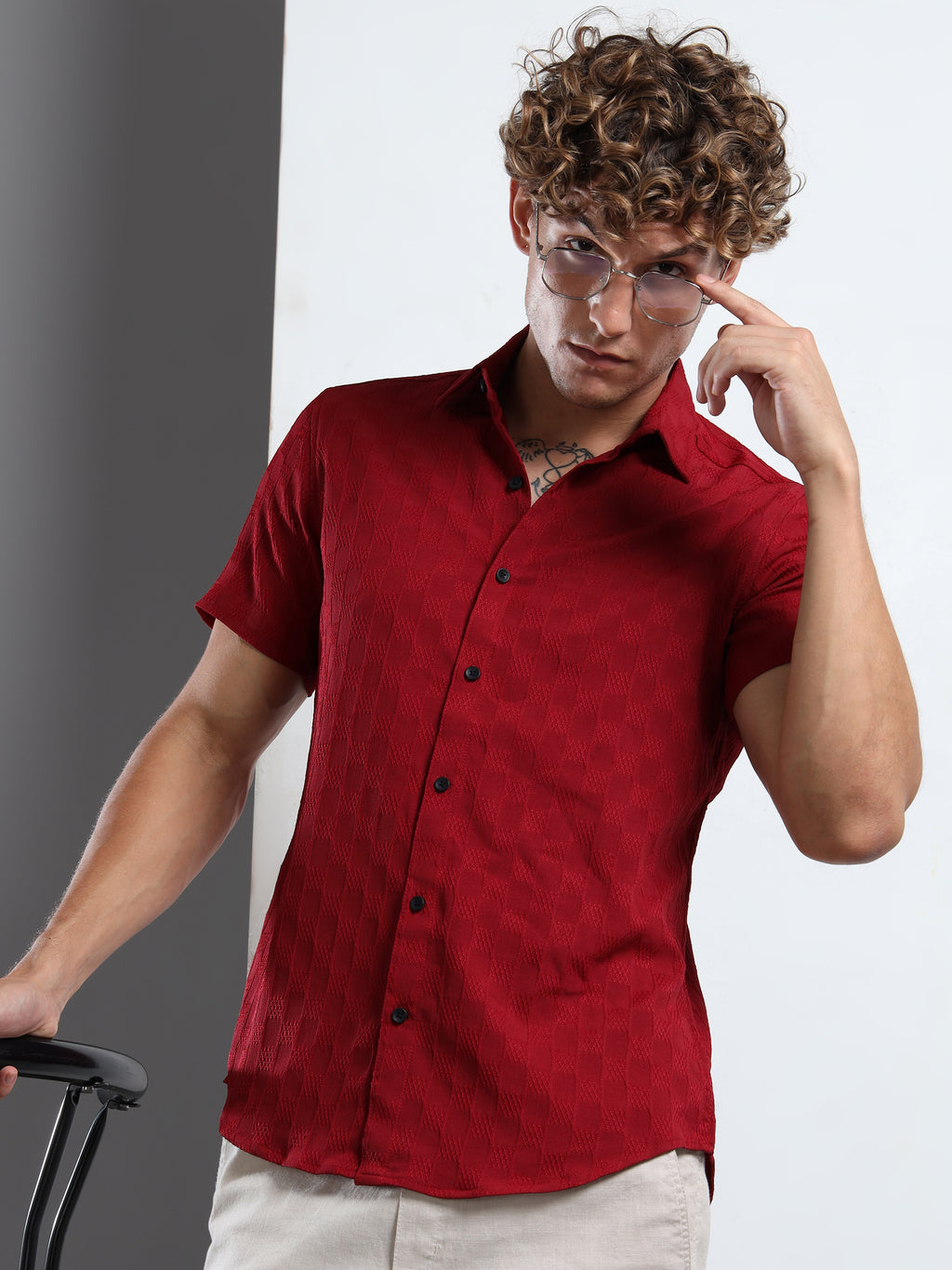 Men's Burgundy Patterned Textured Short Sleeve Casual Shirt