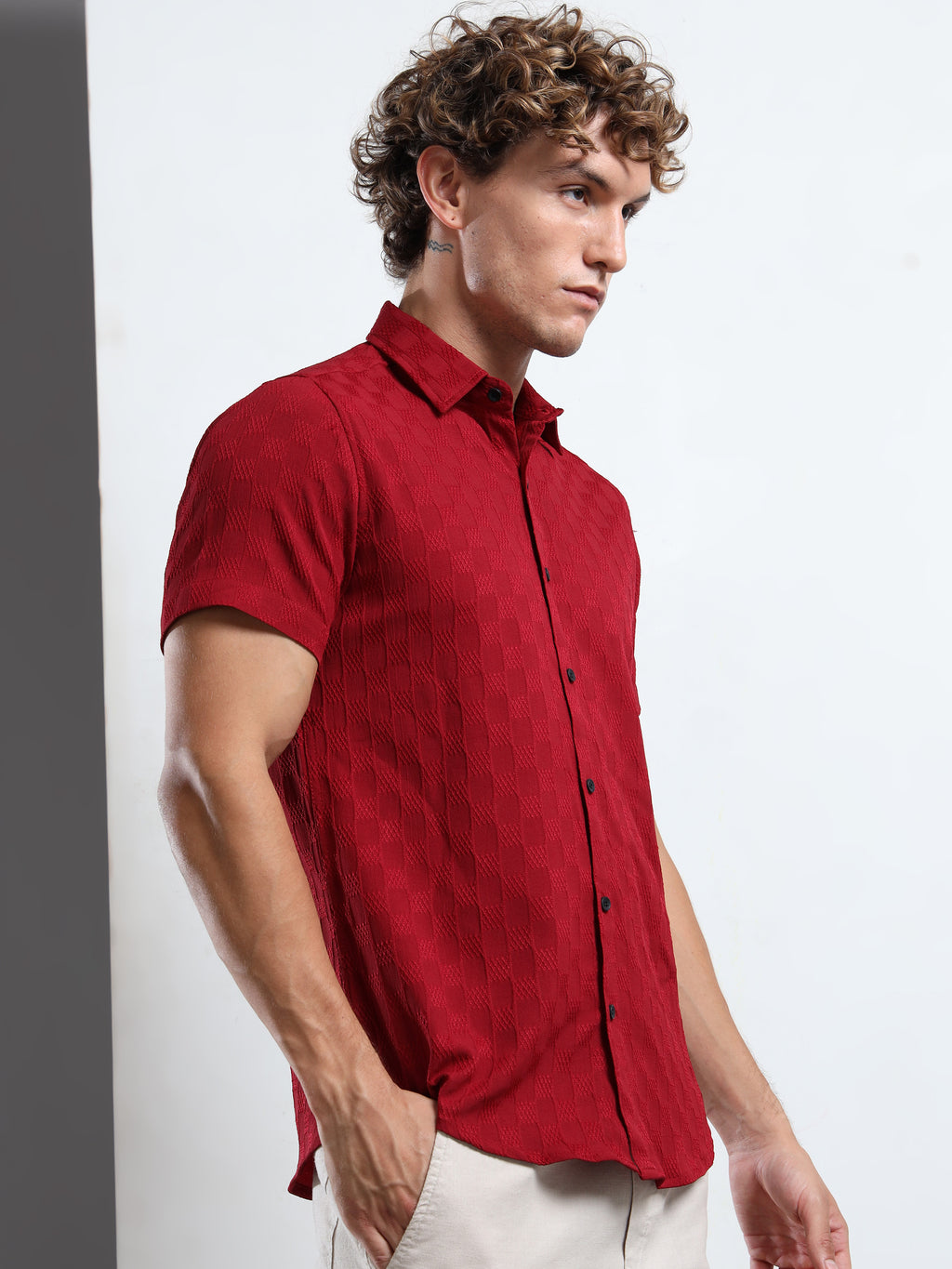 Men's Burgundy Patterned Textured Short Sleeve Casual Shirt