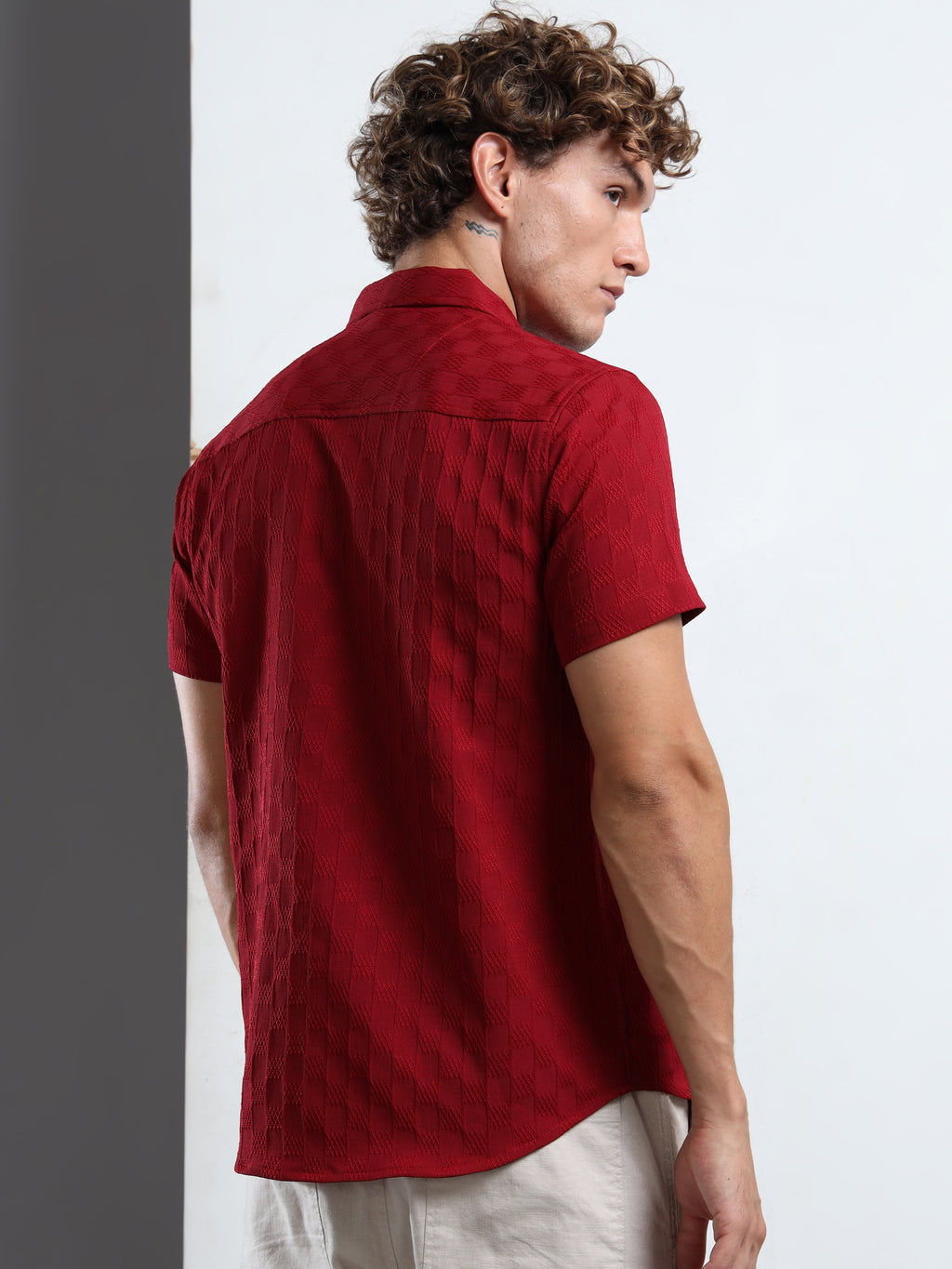 Men's Burgundy Patterned Textured Short Sleeve Casual Shirt