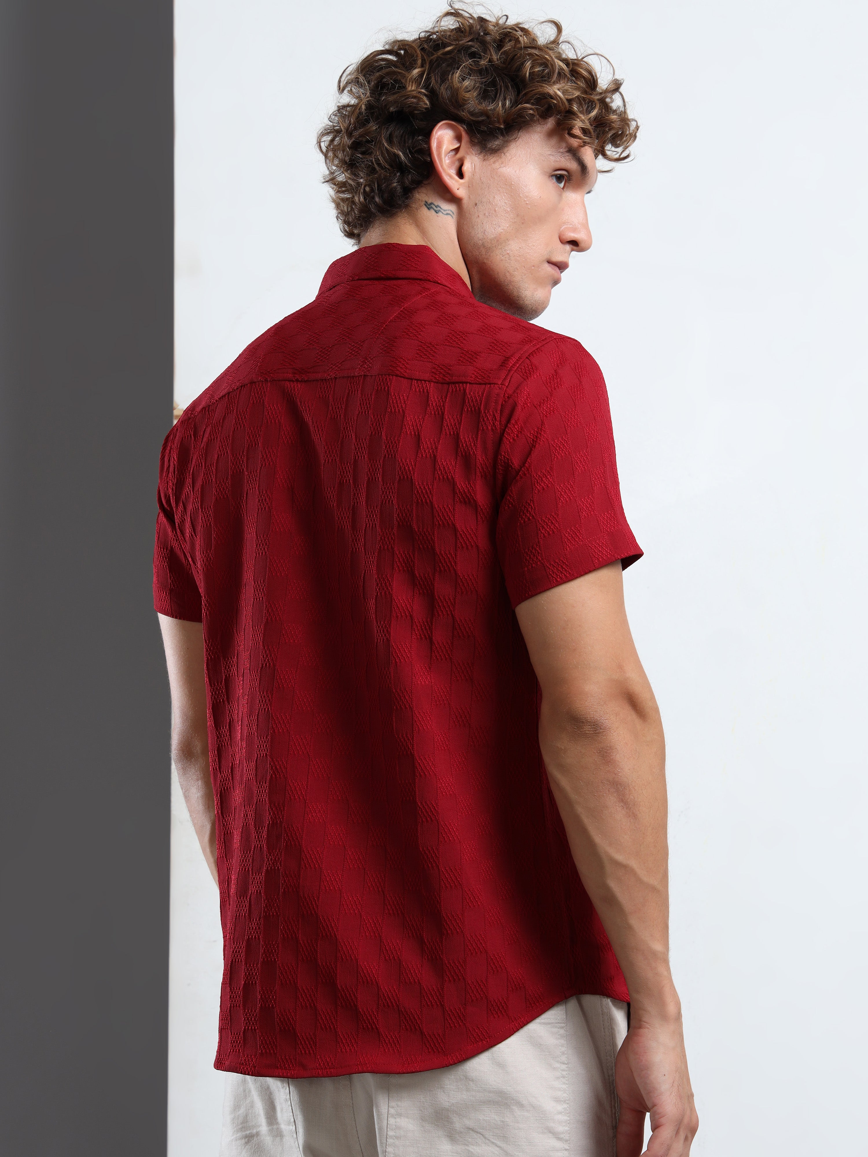 Men's Burgundy Patterned Textured Short Sleeve Casual Shirt