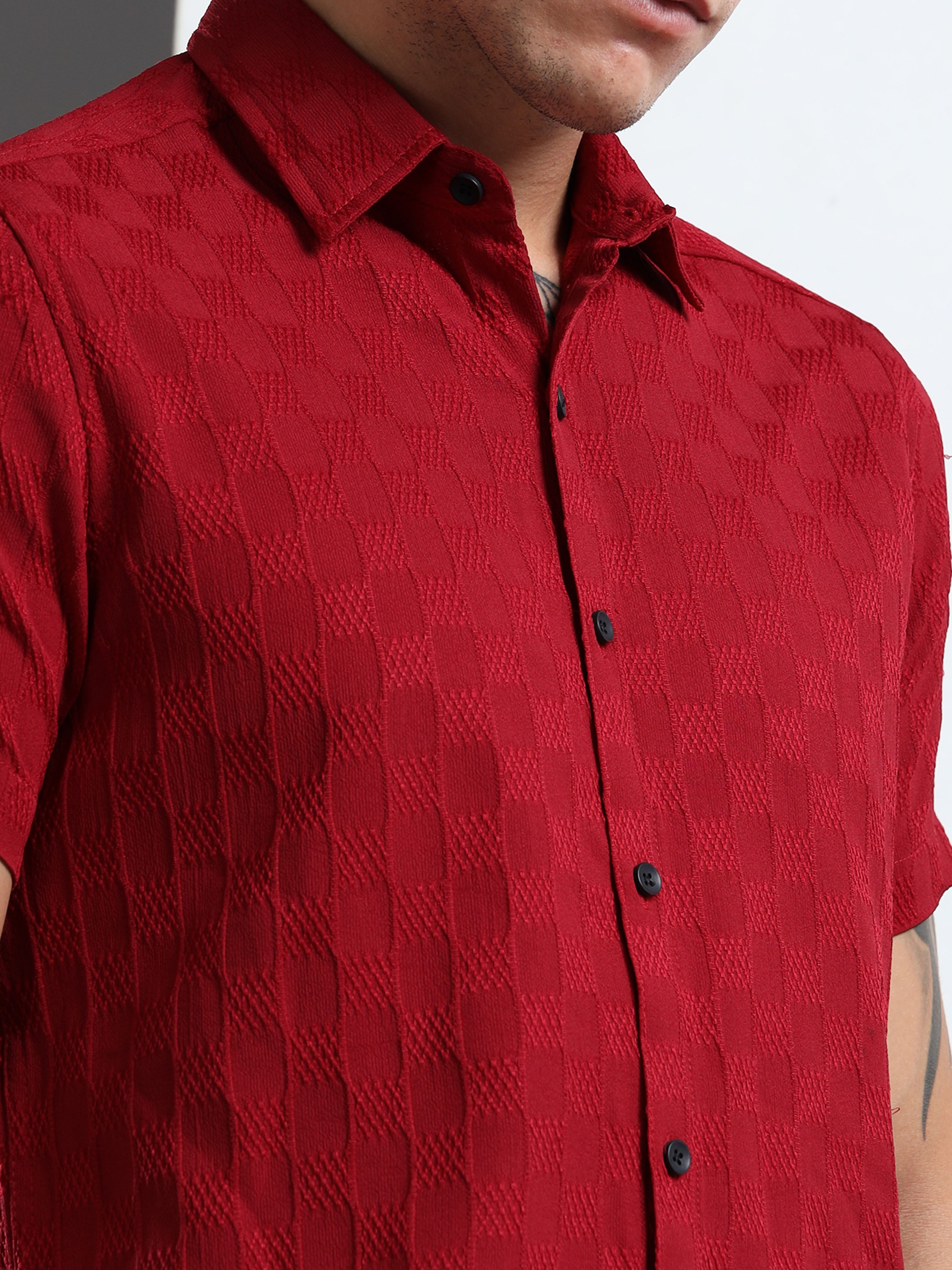 Men's Burgundy Patterned Textured Short Sleeve Casual Shirt