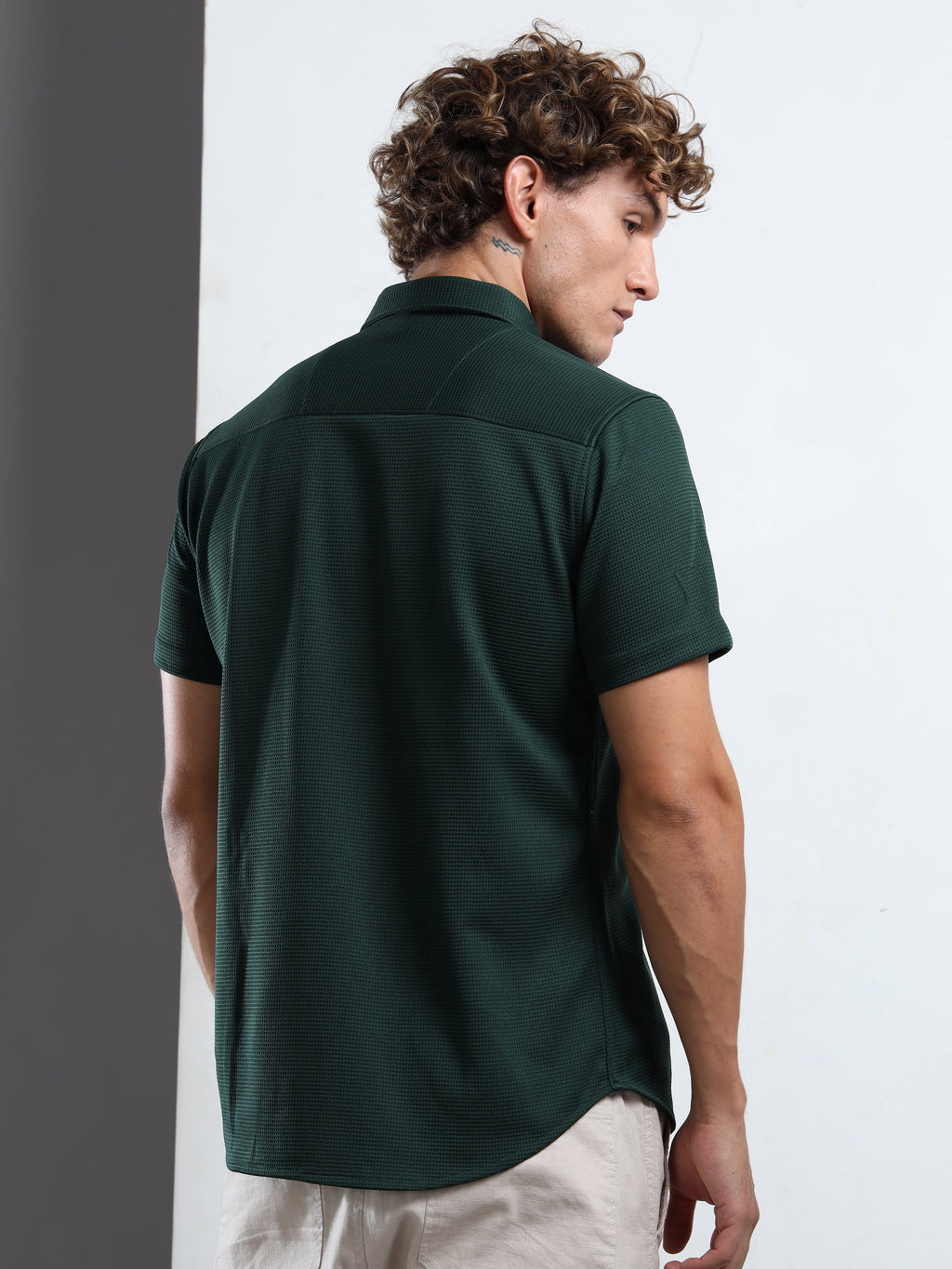 Men's Green Textured Short Sleeve Casual Shirt