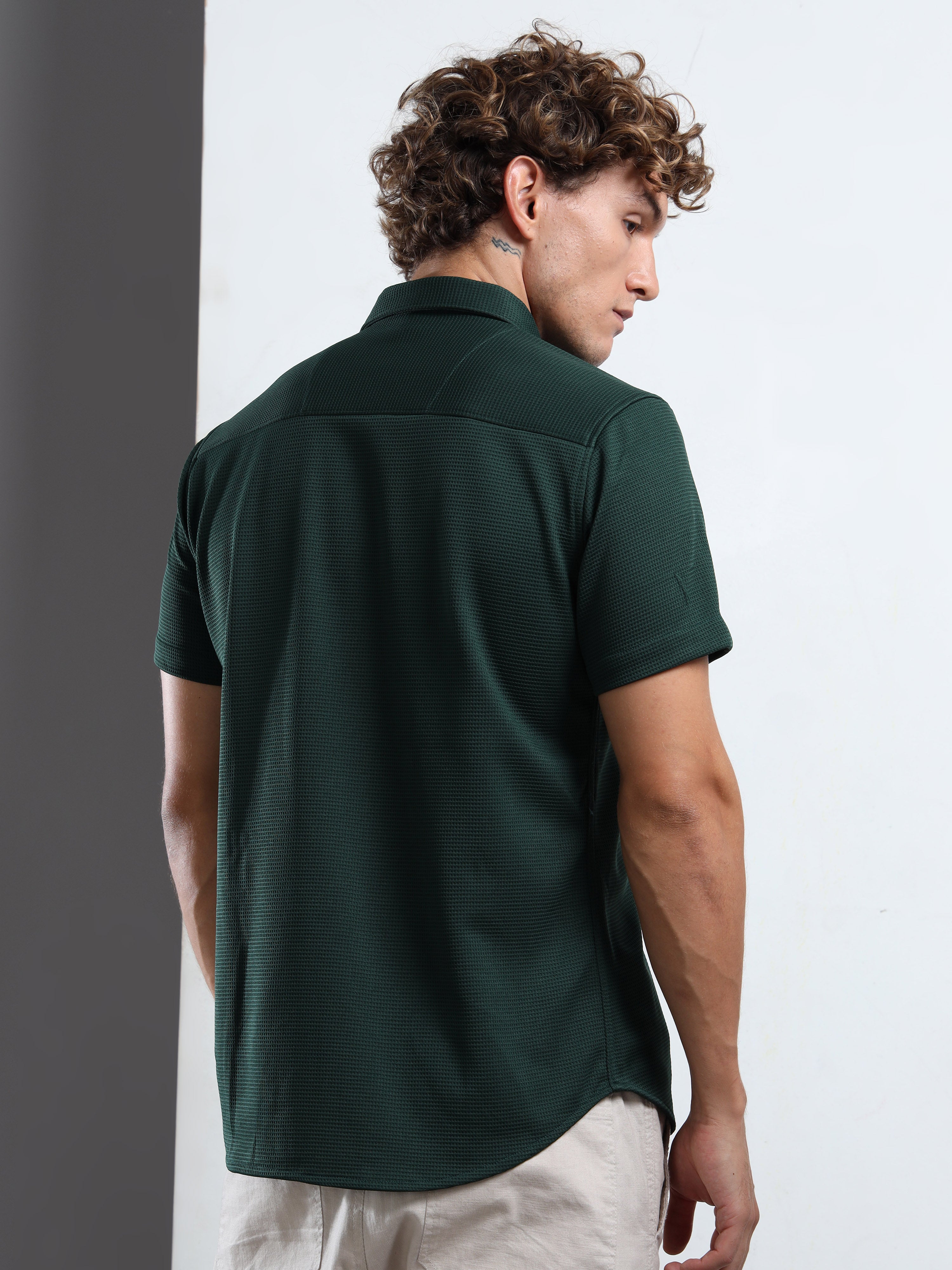Men's Green Textured Short Sleeve Casual Shirt