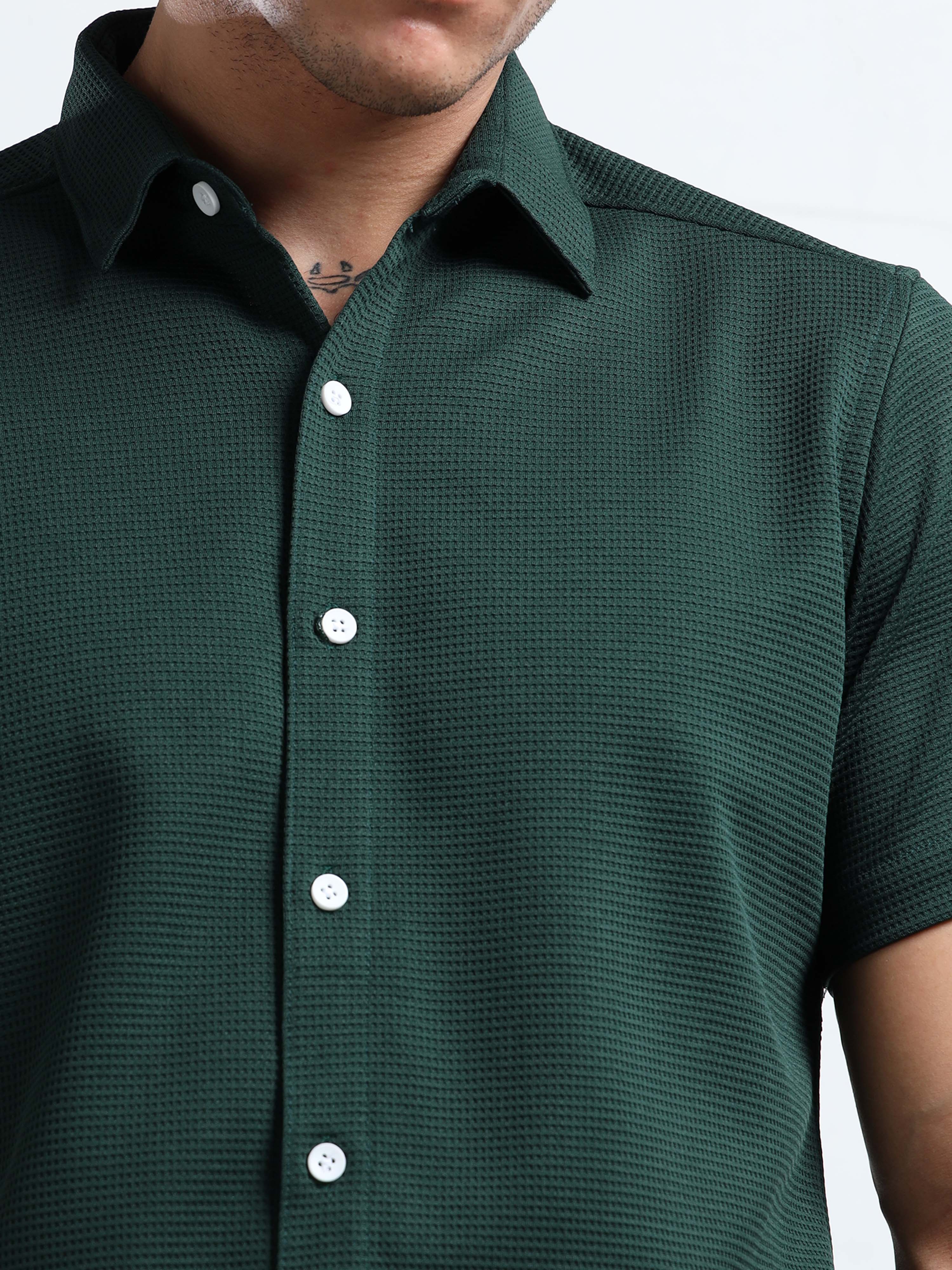 Men's Green Textured Short Sleeve Casual Shirt