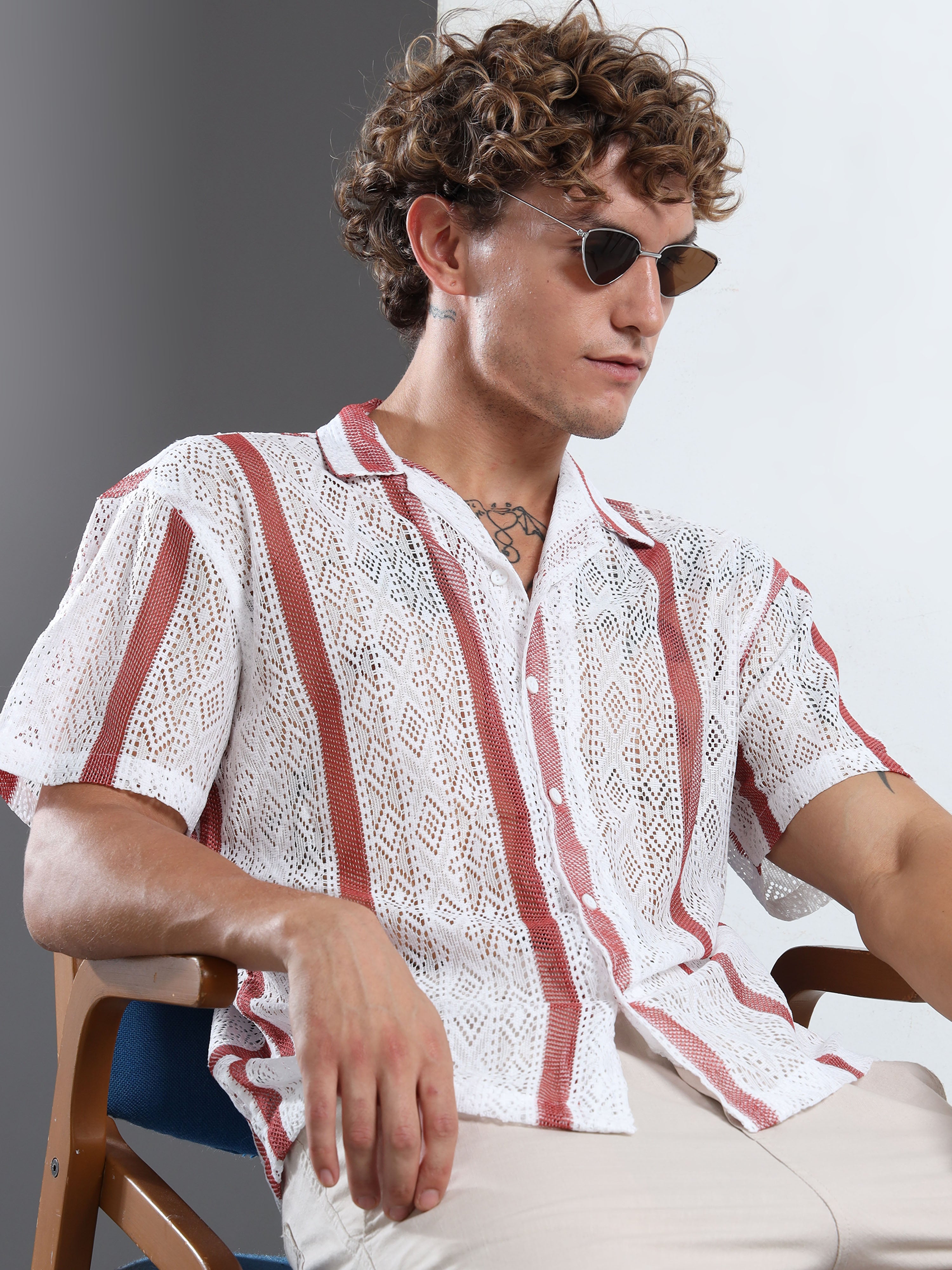 Men's Maroon & White Sheer Knit Shirt