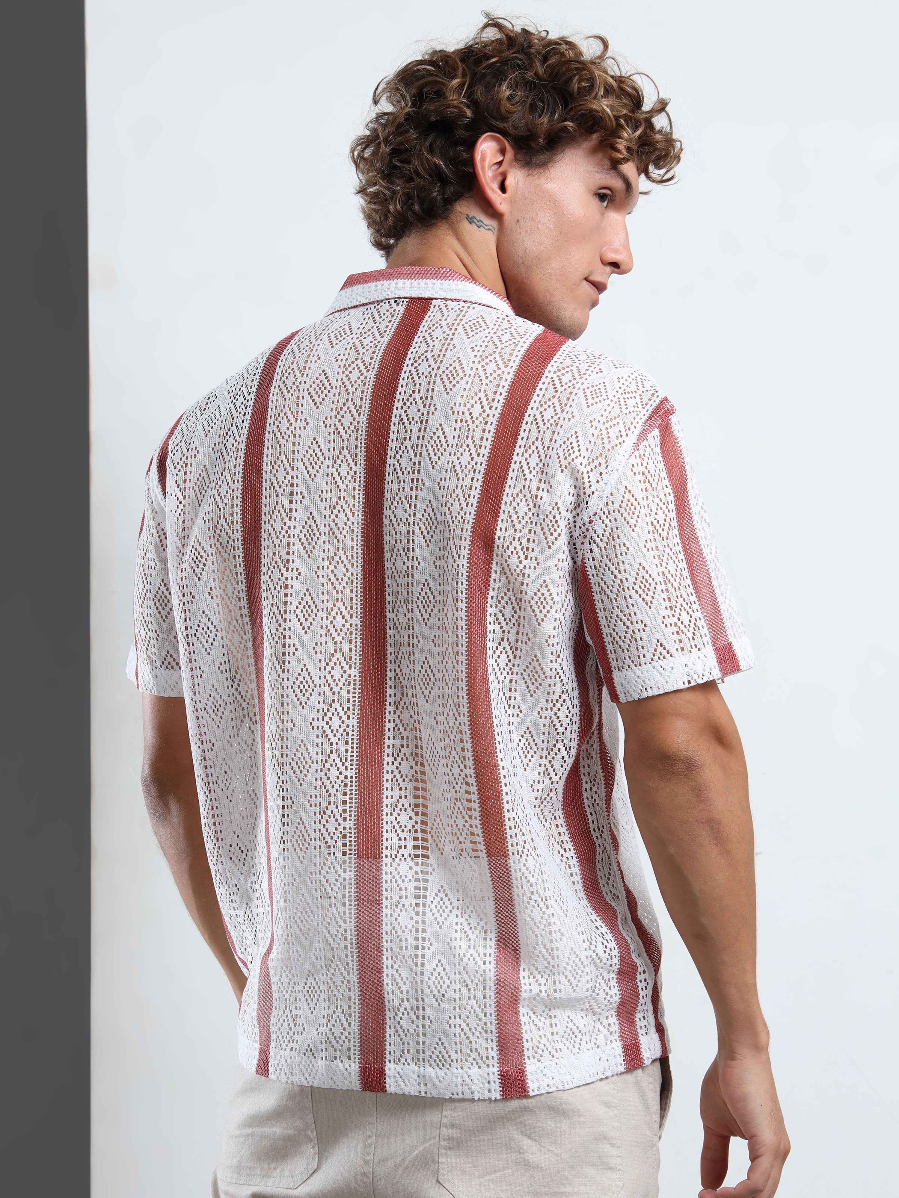 Men's Maroon & White Sheer Knit Shirt