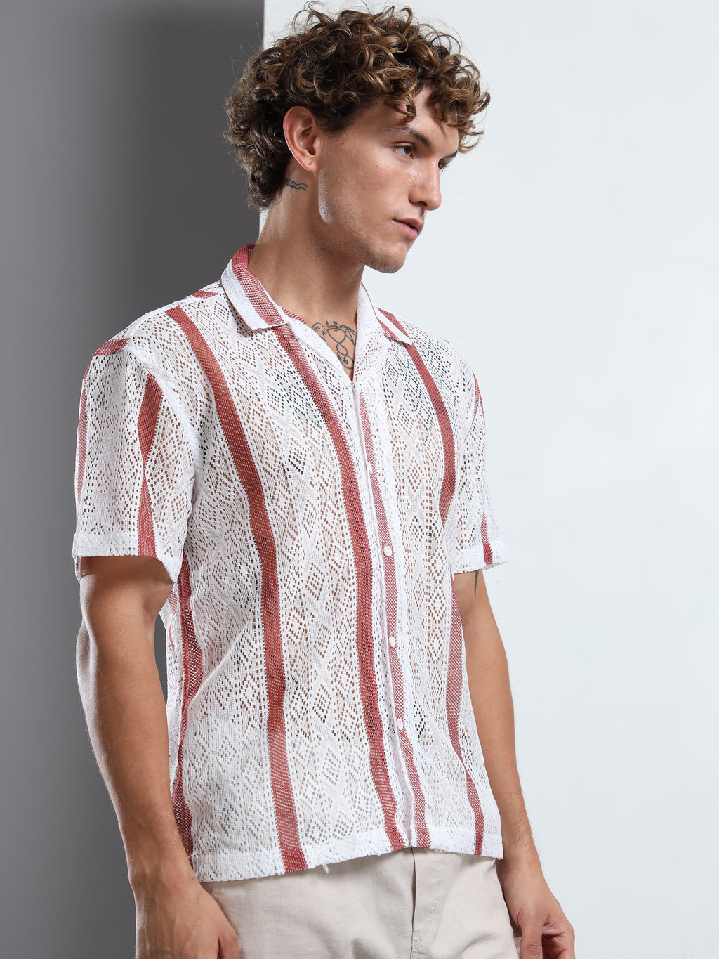 Men's Maroon & White Sheer Knit Shirt